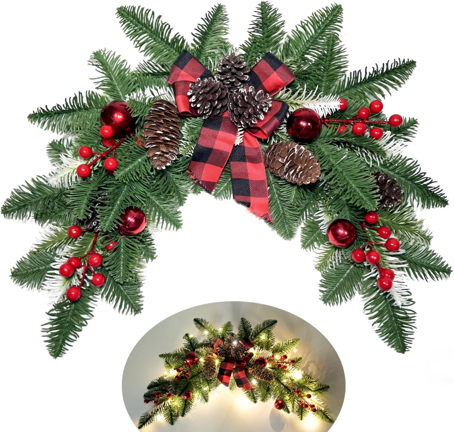 27.6" Christmas Swag with Lights Artificial Decorative Swag with Cute Bow Red Xmas Balls PineCones Red Berries Cedar Pine Swag Wreath Decoration for Front Door Table Window Stair Mantle Holiday Decor