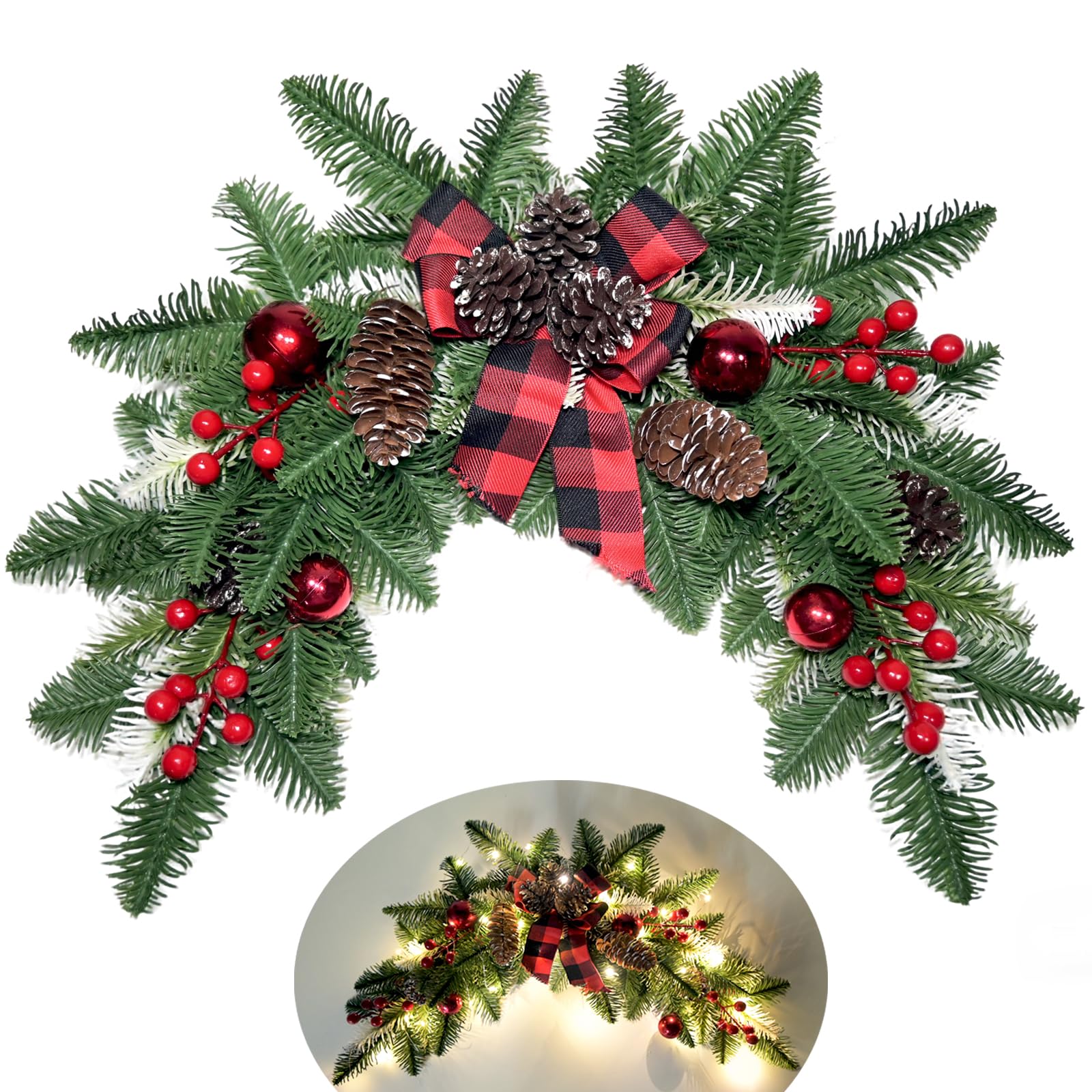27.6" Christmas Swag with Lights Artificial Decorative Swag with Cute Bow Red Xmas Balls PineCones Red Berries Cedar Pine Swag Wreath Decoration for Front Door Table Window Stair Mantle Holiday Decor