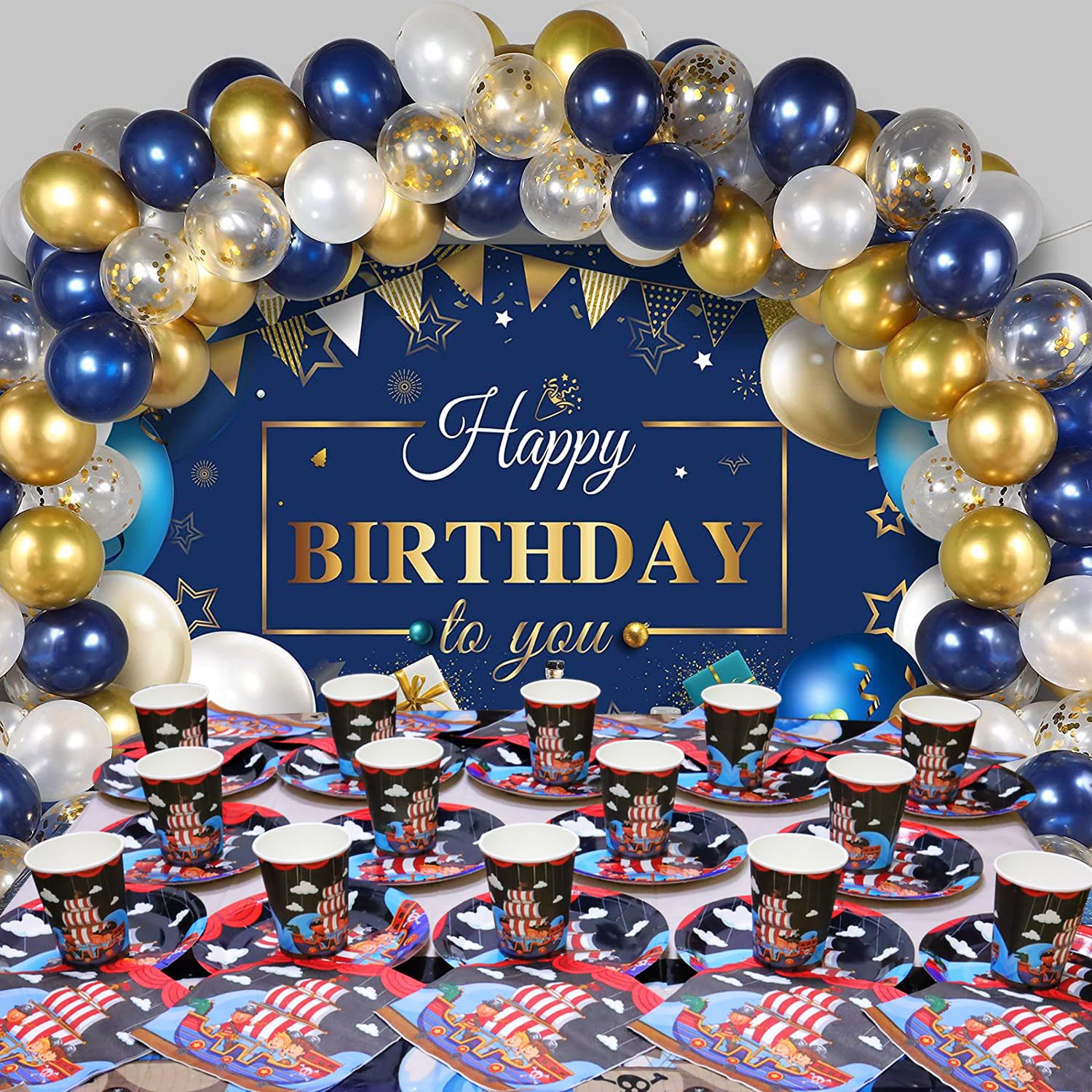 Compleanno Pirata Stoviglie,61 Pezzi Stoviglie Pirata per Feste,Feste Decorazione per Tema Pirata,Kit Compleanno Pirata con Piatto,Tazza,Tovaglioli,Tovaglia per 20 Ospiti