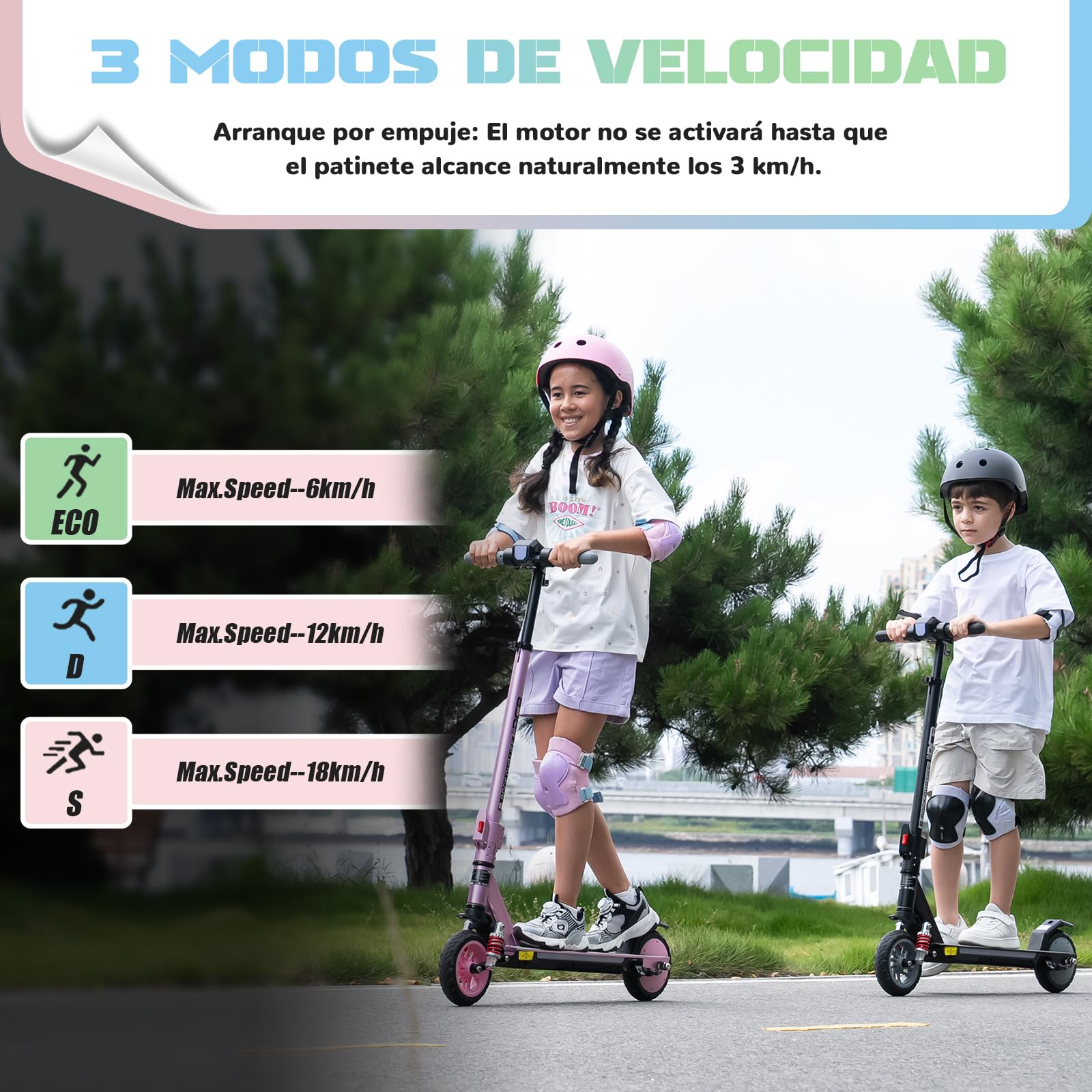 R12 MAX Patinete Eléctrico Niño 6-12 años, Scooter con Motor 150W, 3 Velocidades 6/12/18 km/h, Autonomía 15 km, Amortiguador, Altura Regulable, Luces LED y Pantalla, Plegable 7"
