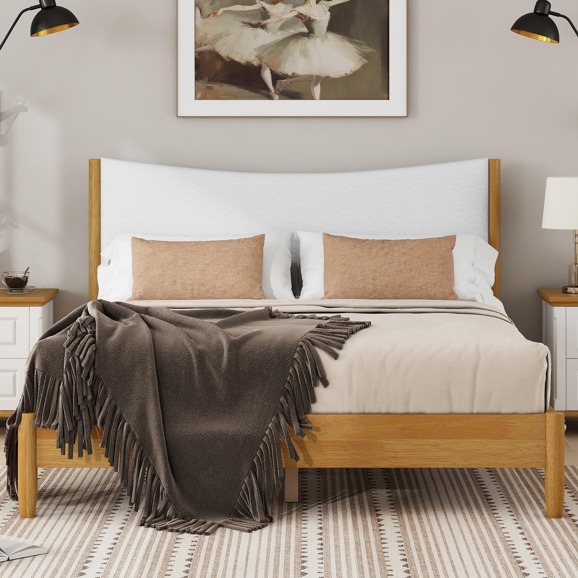 JIJIWANG Queen Size Rubber Wooden, Solid Wooden Bed with Teddy Velvet Cushion Upholstered Headboard, Enhanced by Support Feet, Natural