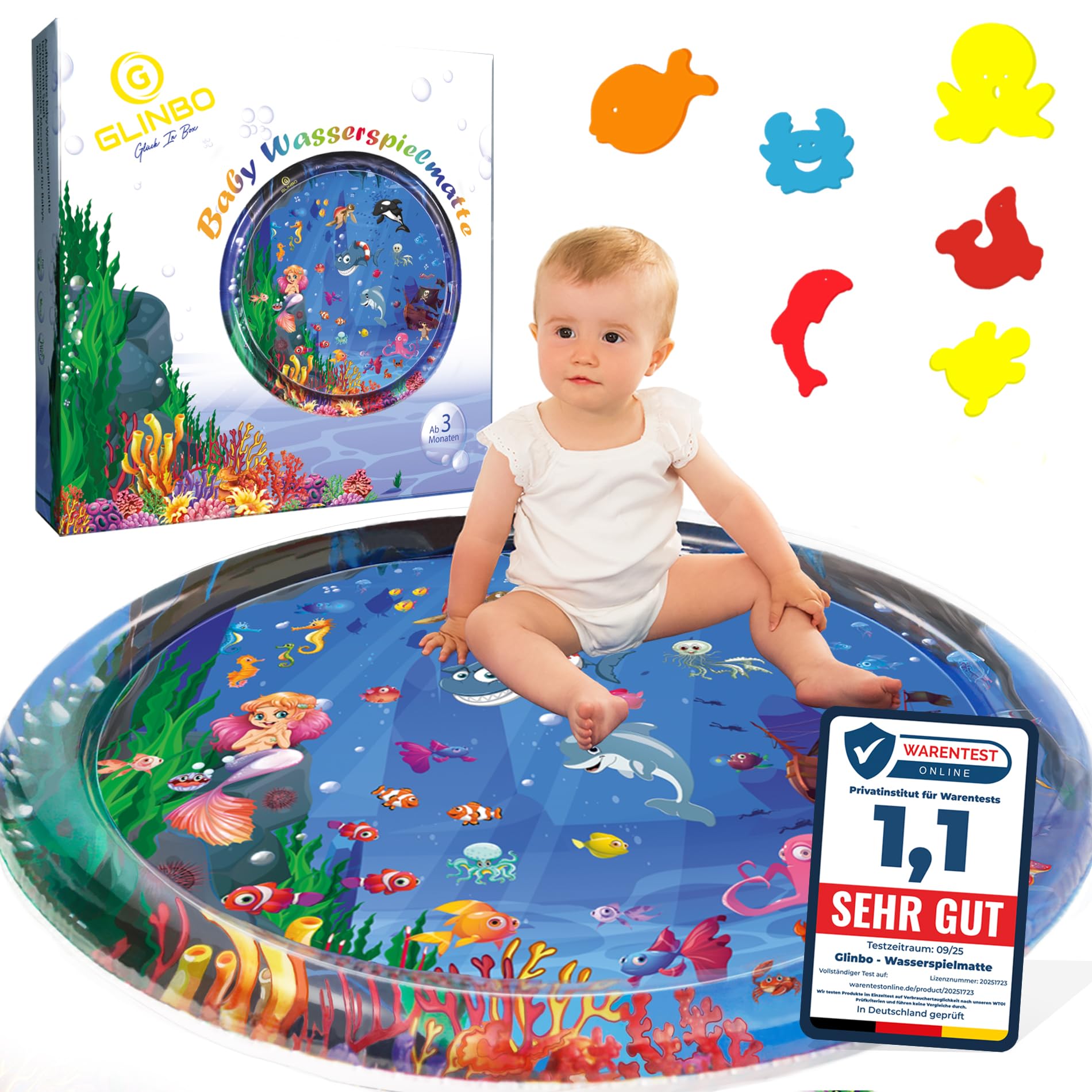Glinbo Wassermatte Baby, Wasserspielmatte Baby BPA frei XXL, Bauchlage Spielzeug Baby ab 3, 6 und 9 Monate, Baby Wassermatte (XXL 100 cm)