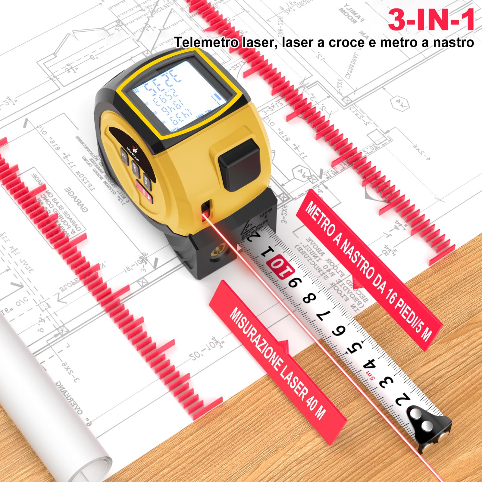 Distanziometro Laser, 3-In-1 40m Misuratore Laser Distanza E 5m Metro A Nastro Digitale Con Laser A Croce, Telemetro Metro Laser Con 3 Unità Di Misura M/In/Ft Per Lunghezza, Area, Volume, Pitagora