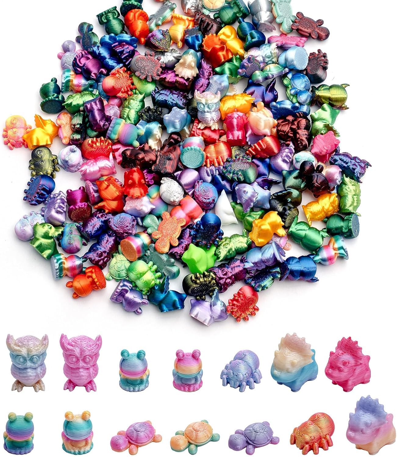 Zestaw figurek zwierząt z nadrukiem 3D, 2 cm, gradientowy kolor, mini nadruk 3D, zwierzęta, luzem (sowa, żaba, nosorożec, pająk i żółw), przyjazne dla środowiska małe zwierzęta do nagród klasowych i