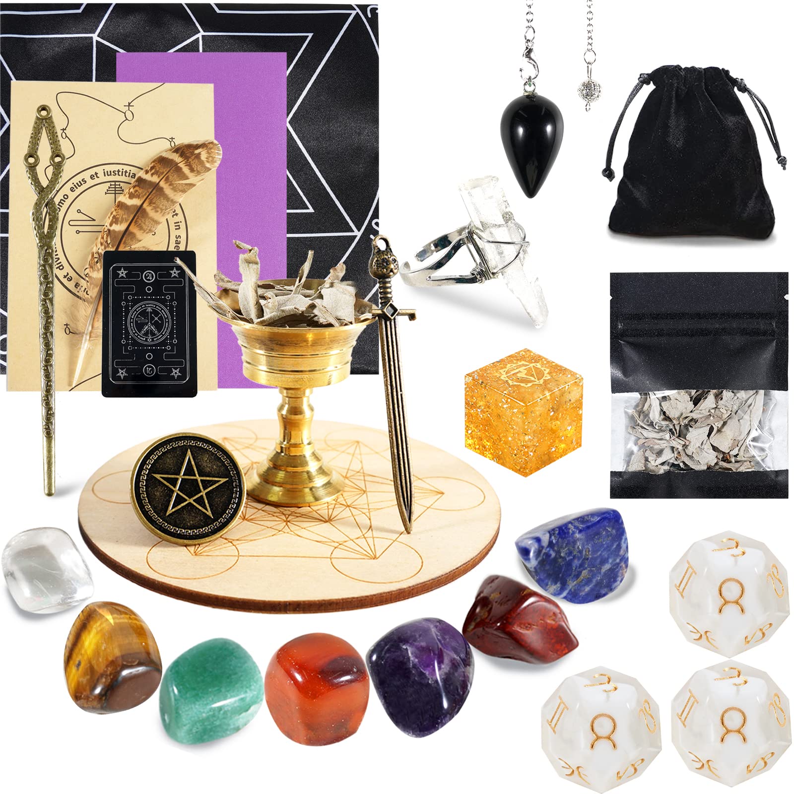 Witchcraft Supplies zestaw kryształów, kamienie lecznicze z 7 kamieniami czakr, szałwią, berłem, gwiazdą, mieczem, graalem, do medytacji duchowego uzdrawiania, zestaw startowy Witchcraft
