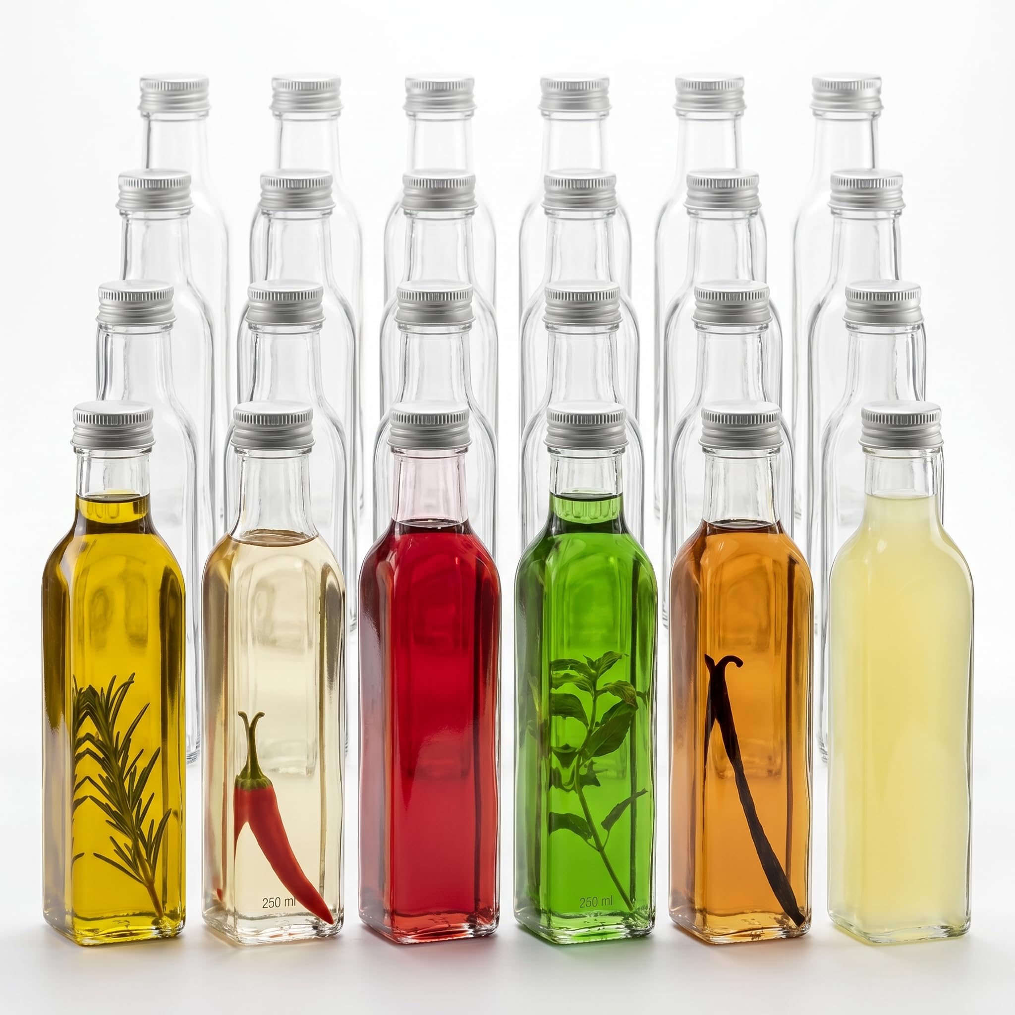 gouveo 24er Set Glasflaschen 250 ml (0,25 l) Maraska eckig, Schraubverschluss PP31,5 silberfarben, leere Klarglasflaschen zum Befüllen für Likör, Schnaps, Sirup, Öl & Essig (MFET250S)