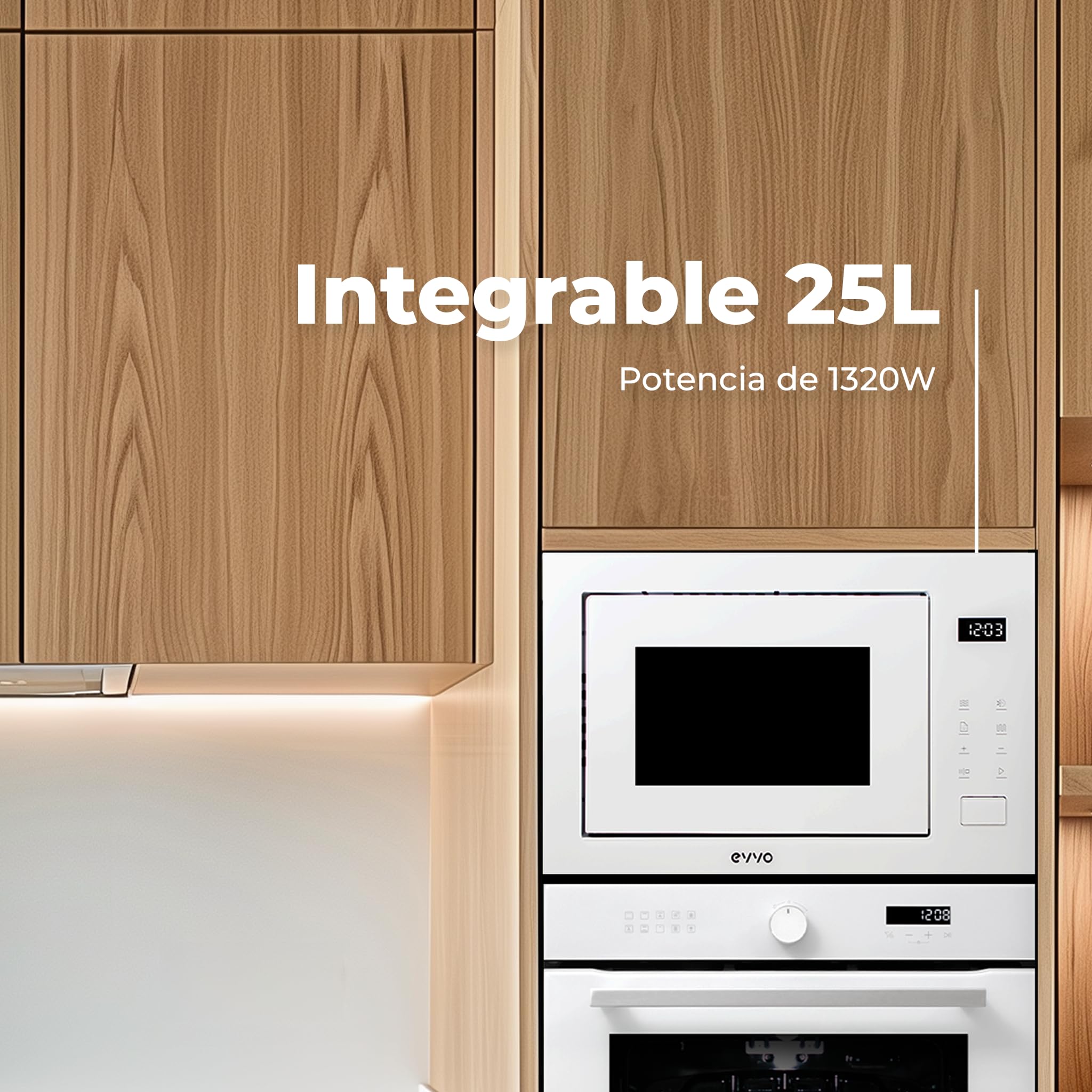 EVVO Micro-ondes intégré Mi45 Glass Wh, 25 l de capacité, grill 1200 W, porte et cadres effet brillant, multifonction, 8 fonctions, minuterie 60 minutes, affichage numérique (finition blanc cristal)