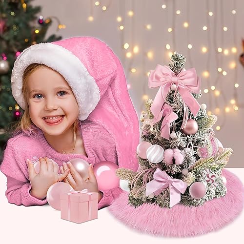 Miniatura 3 de Sofevaim Mini falda de árbol de Navidad de piel sintética rosa, 15 pulgadas, miniatura de felpa esponjosa, decoración de Navidad nevada, alfombra de