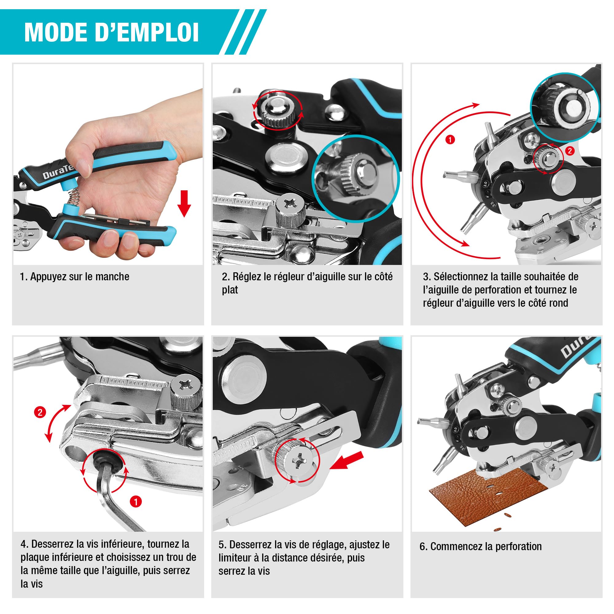 DURATECH Pince Perforatrice Rotative avec 6 Tailles de Poinçon Interchangeables, Outil de Perforation avec Règle pour Cuir, Ceinture, Tissu, Papier, Carte, Plastique, Sac