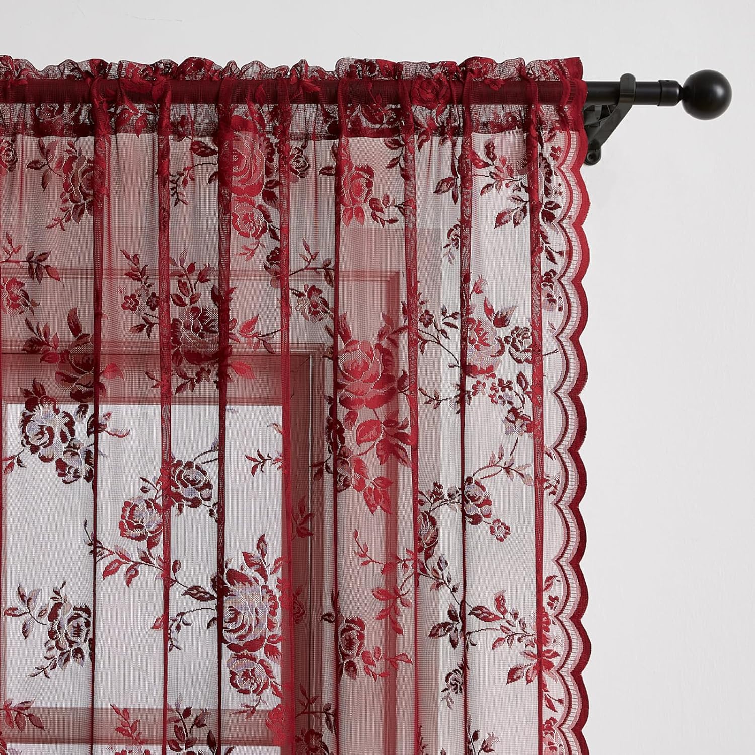 Maroon Lace Curtains 72 Inch Length Modern Floral Curtains 2 Panels set for Bedroom Living Room Rod Pocket Light Filtering Semi Sheer French Romantic Wine Window Curtains Rose Decor, 52x72 Burgundy image 4