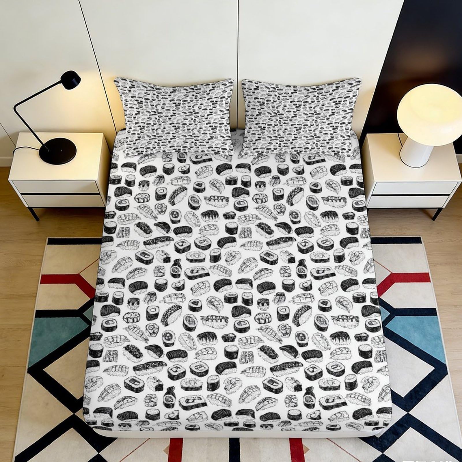 3D Printed Sushi Pattern Fitted Sheet Microfiber Soft Breathable Nigiri Bed Cover for Bedroom Dormitory Guest Room Mattress Protection Decor 90x200x25cm