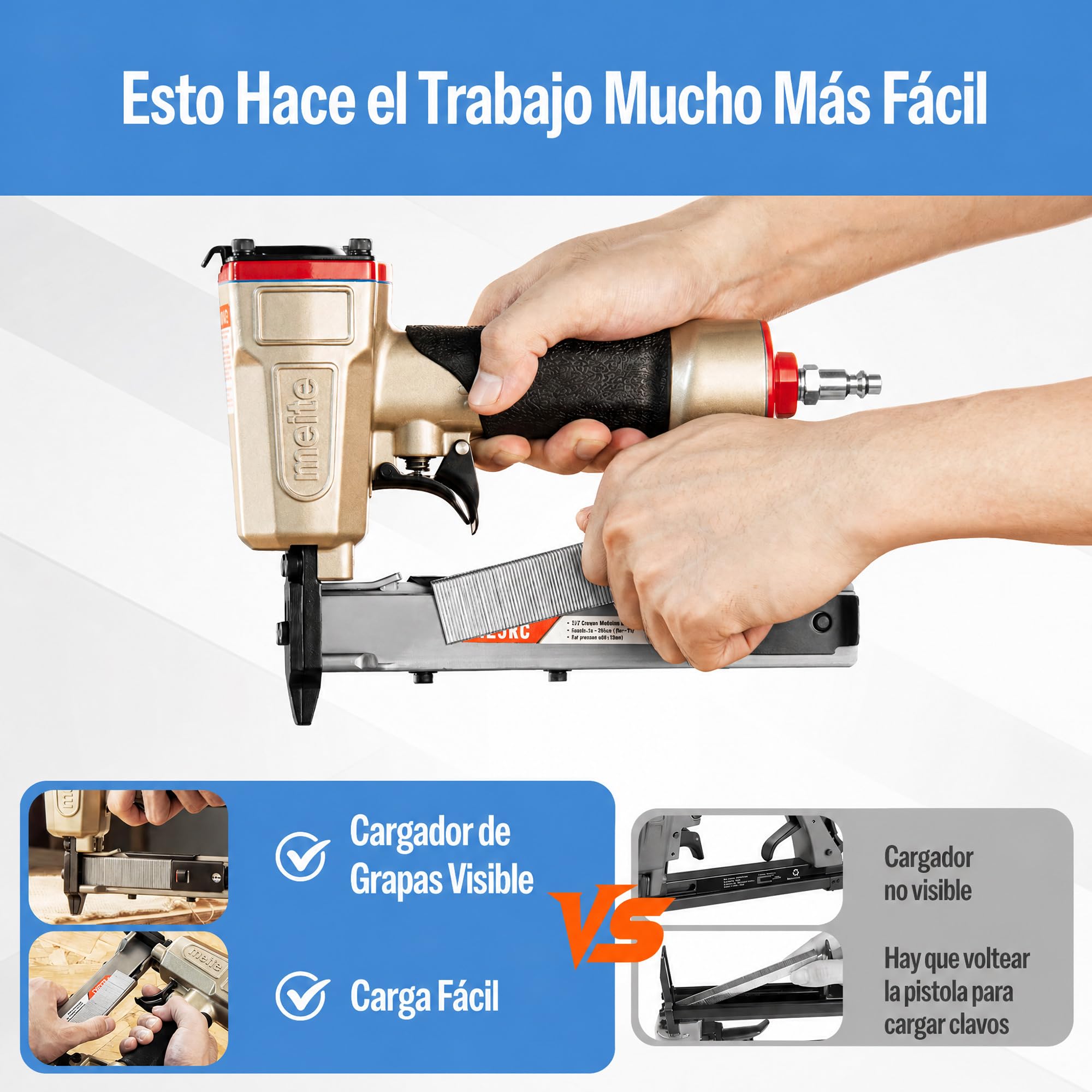 meite 425KC Grapadora Neumática de Corona Estrecha 18GA, Compatible con Grapas de 5,7 mm y 13-25 mm, con Gatillo de Seguridad, para Madera, Muebles, Tela y Cuero