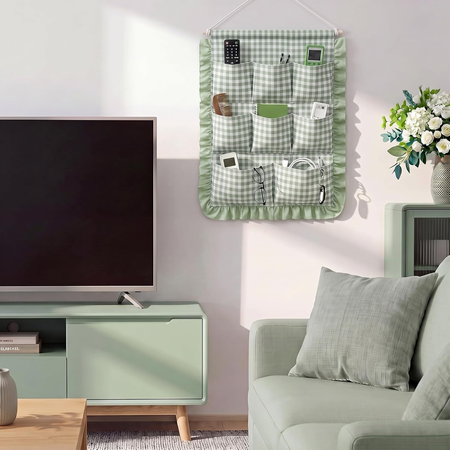 Amyhill Gingham Wall Hanging Organizer with Pocket Ruffled, Sage Green image 4