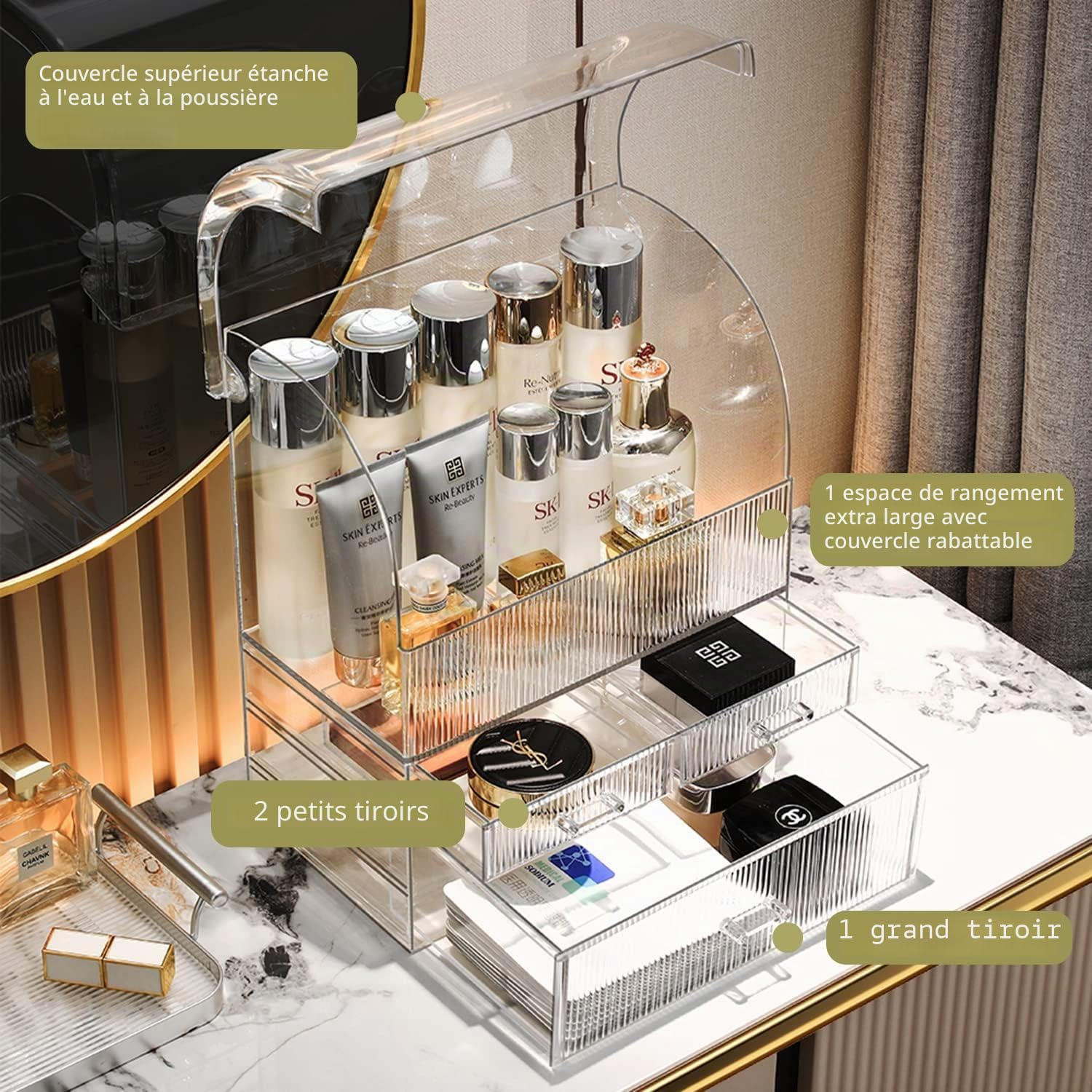 Organisateur de maquillage de rangement, boîte de rangement pour cosmétiques en acrylique de grand format avec tiroirs, boîte de rangement pour parfum et maquillage avec couvercle étanche pour