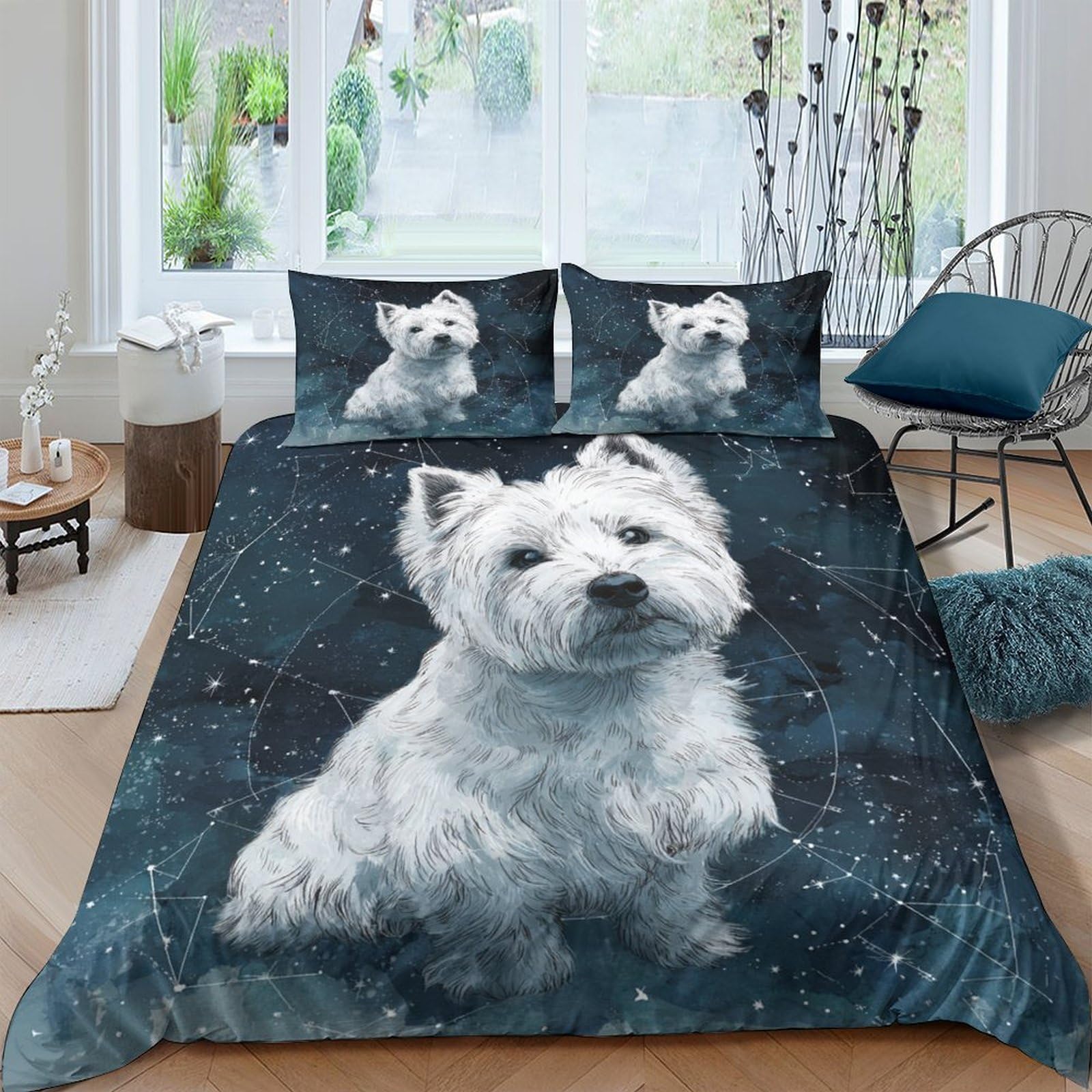 Ctjqhvkz Style-8 3D Printed White Terrier Dog Fitted Sheet Microfiber Soft Anti-Slip Night Sky Bed Cover For Bedroom Guestroom Decor Single（135X200cm）