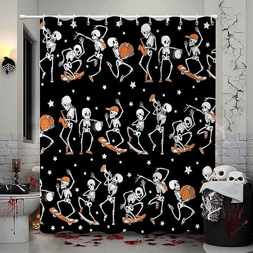 Miniatura 2 de Cortina de ducha de Halloween, para amantes de la música rock and roll, esqueleto y esqueleto con banda de hueso, divertida cortina de baño para
