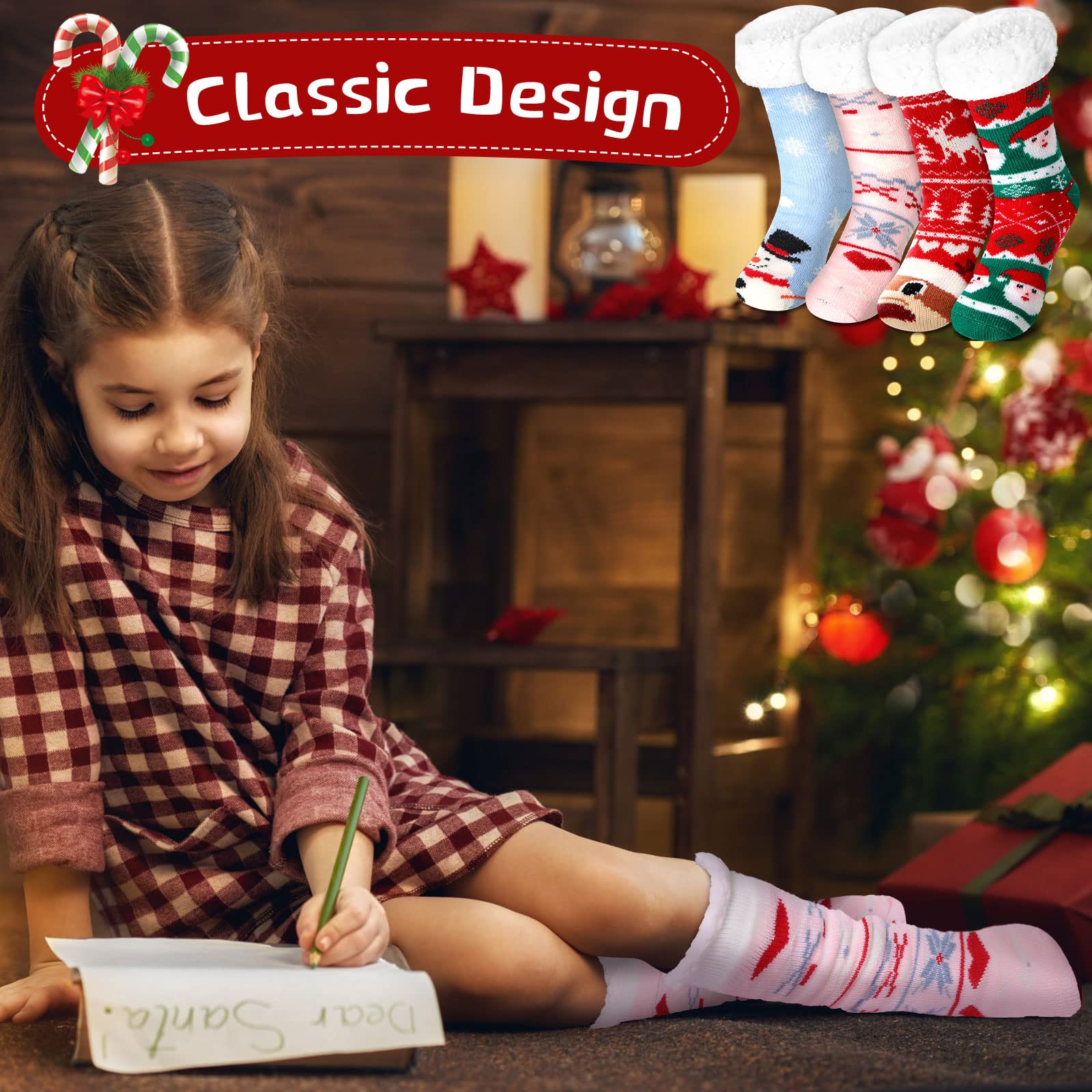 Lot de 4 paires de chaussettes de Noël en vrac doublées en polaire pour femme et fille - Cadeau de Noël fantaisie