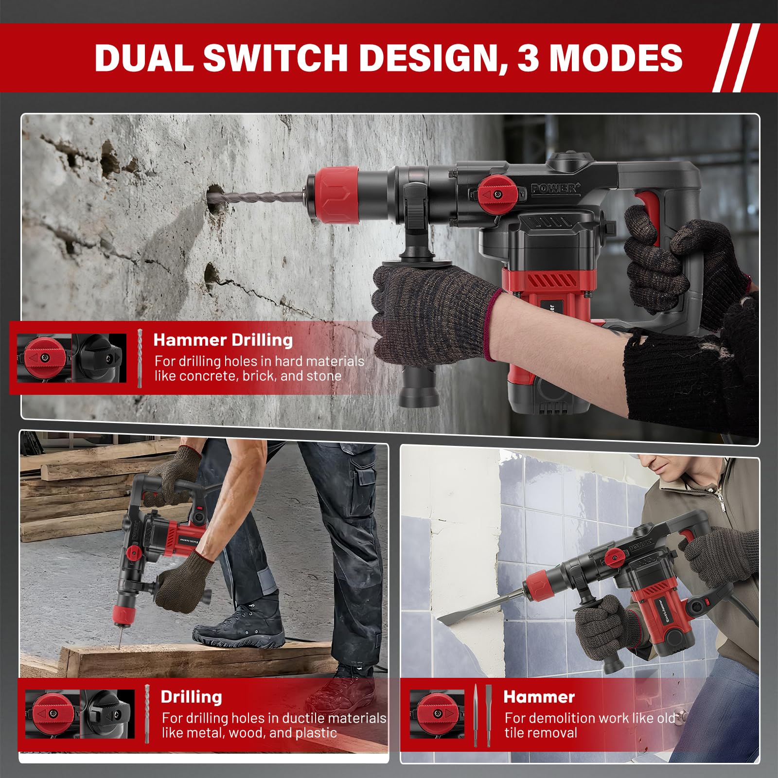 1200W martillo demoledor,energía de impacto de 5J,6 velocidades ajustables,velocidad sin carga 1050 RPM,con 4 piezas SDS Plus,profundidad de perforación de hasta 20 mm Mango antivibración