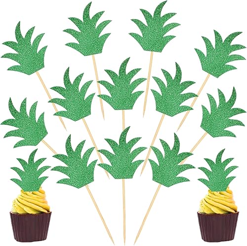 Decoración para cupcakes de piña con purpurina en forma de dona y hojas de piña, para Luau Tropical Hawaiano, fiesta de cumpleaños, baby shower,