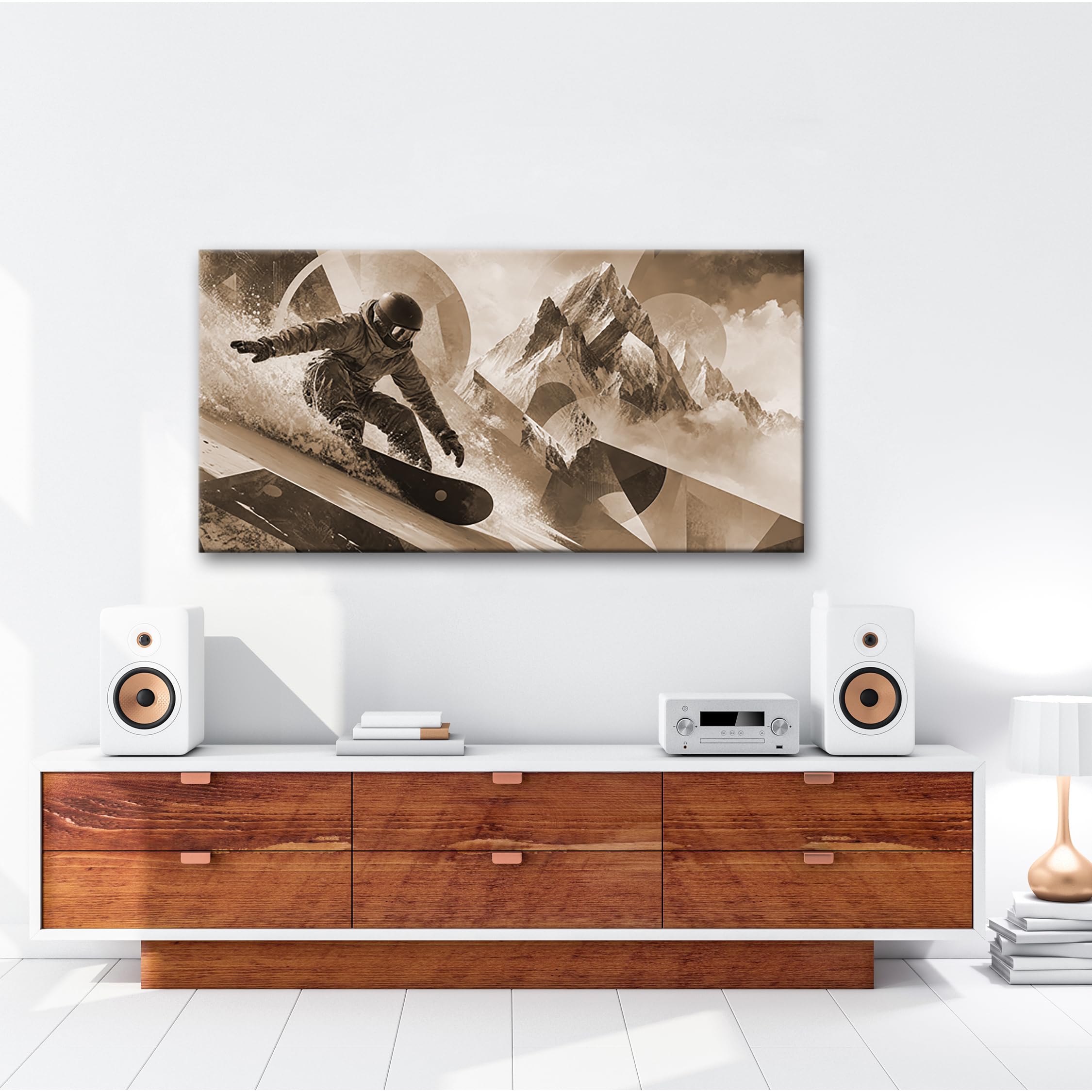 deyoli Obraz na płótnie snowboardzista przed górskim krajobrazem 60x30cm Sepia