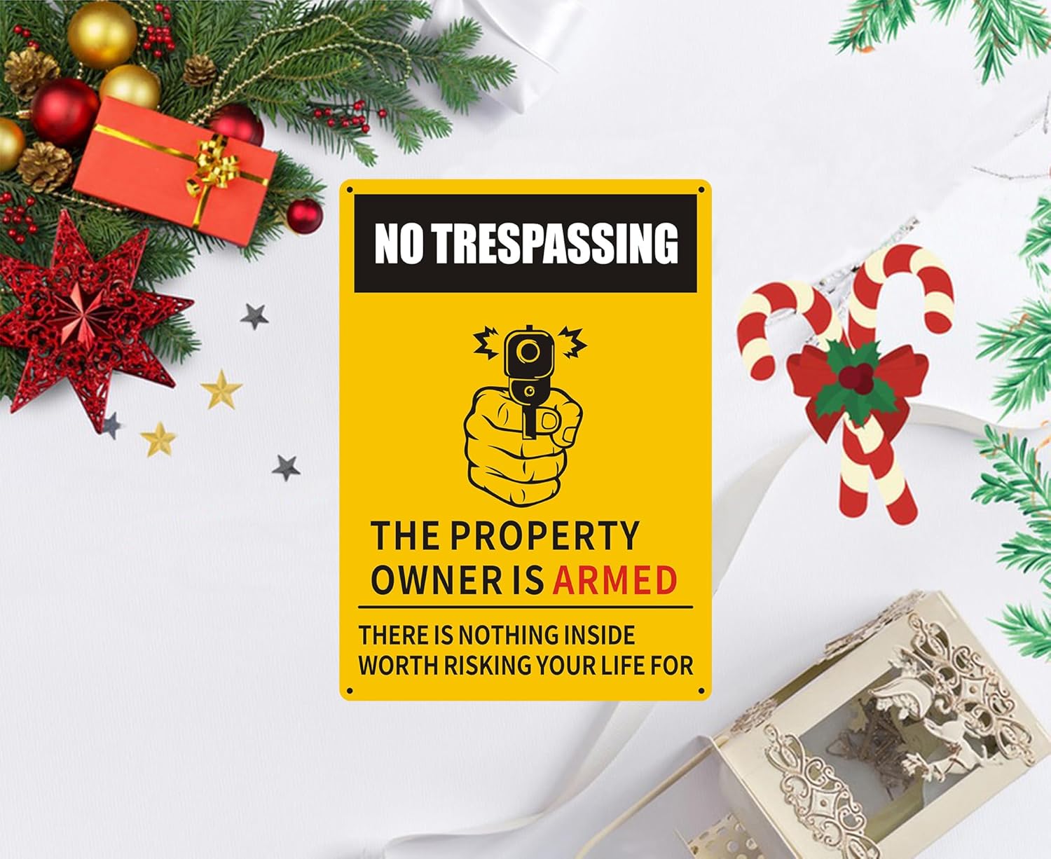 2Pcs 14 x 10 Inch Gun Sign The Owner of This Property is Armed Signs Warning Sign Reflective Signs Rust Free Aluminum Resistant, Waterproof, Durable Ink, Easy to Mount.