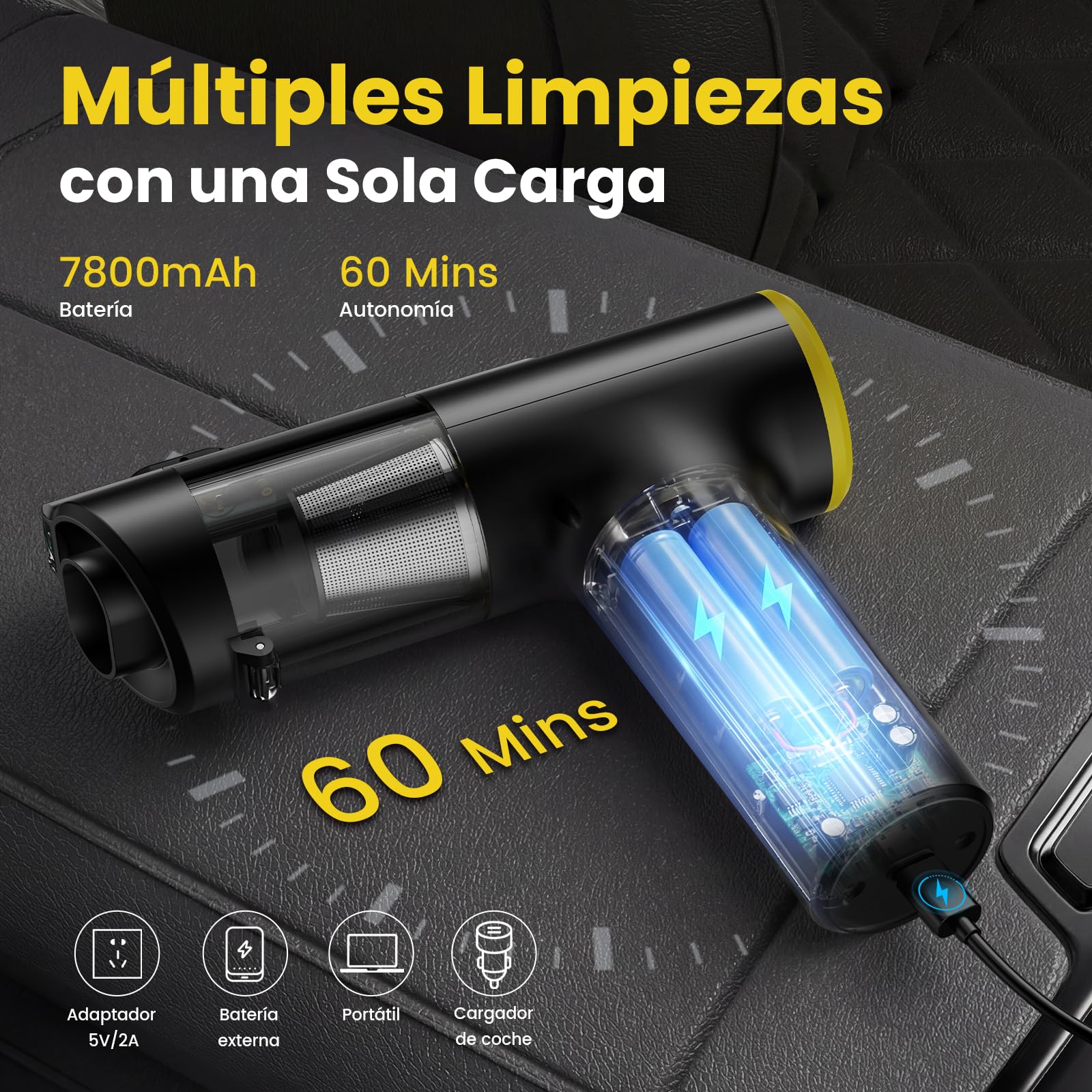 V5 Aspiradora de Mano sin Cable 28KPa/60Min,Aspiradora Coche Potente | Mini Aspiradora de Mano Portátil 3 en 1 Aspirar/Soplar/Inflar, Pantalla LED, Luz Verde y Filtro HEPA