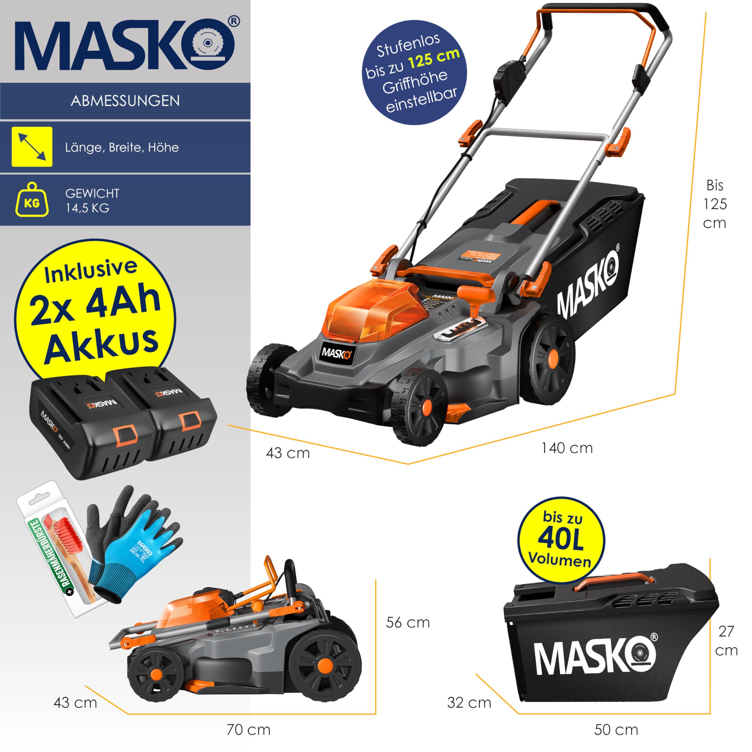 MASKO® Akku Rasenmäher mit Mulchfunktion, 2X Akkus Li-Ion Batterie 4Ah & Doppel-Ladegerät Rasentrimmer 37cm Schnitt-Breite 6X Höhenverstellbar 40L Fangkorb Flächen bis 600m² inkl. Handschuhe & Bürste