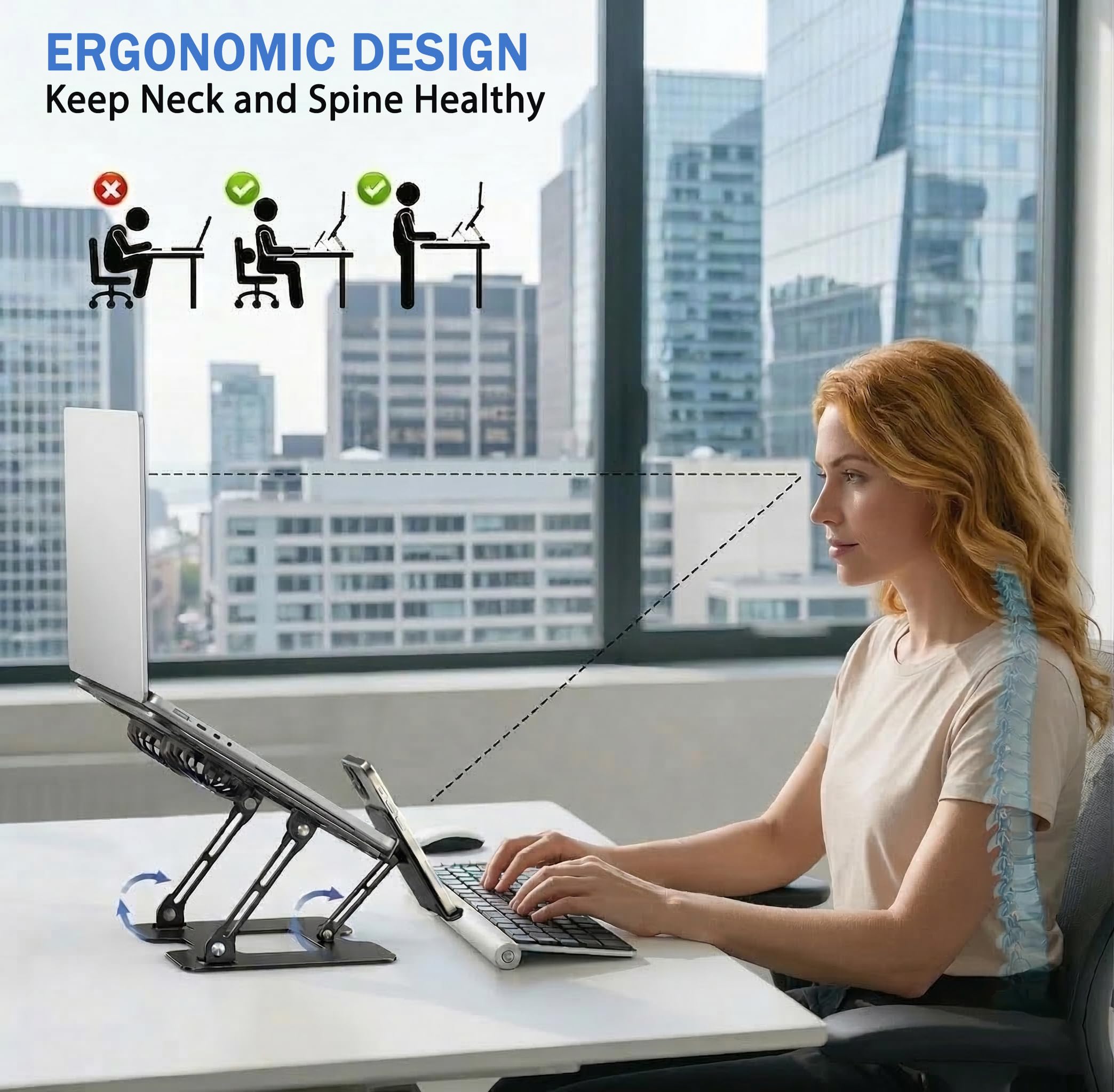 Supporto di raffreddamento 2 in 1 per laptop e telefono, con ventola silenziosa, altezza e angolo regolabili, in acciaio al carbonio, pieghevole, per computer portatili fino a 45,7 cm (nero)