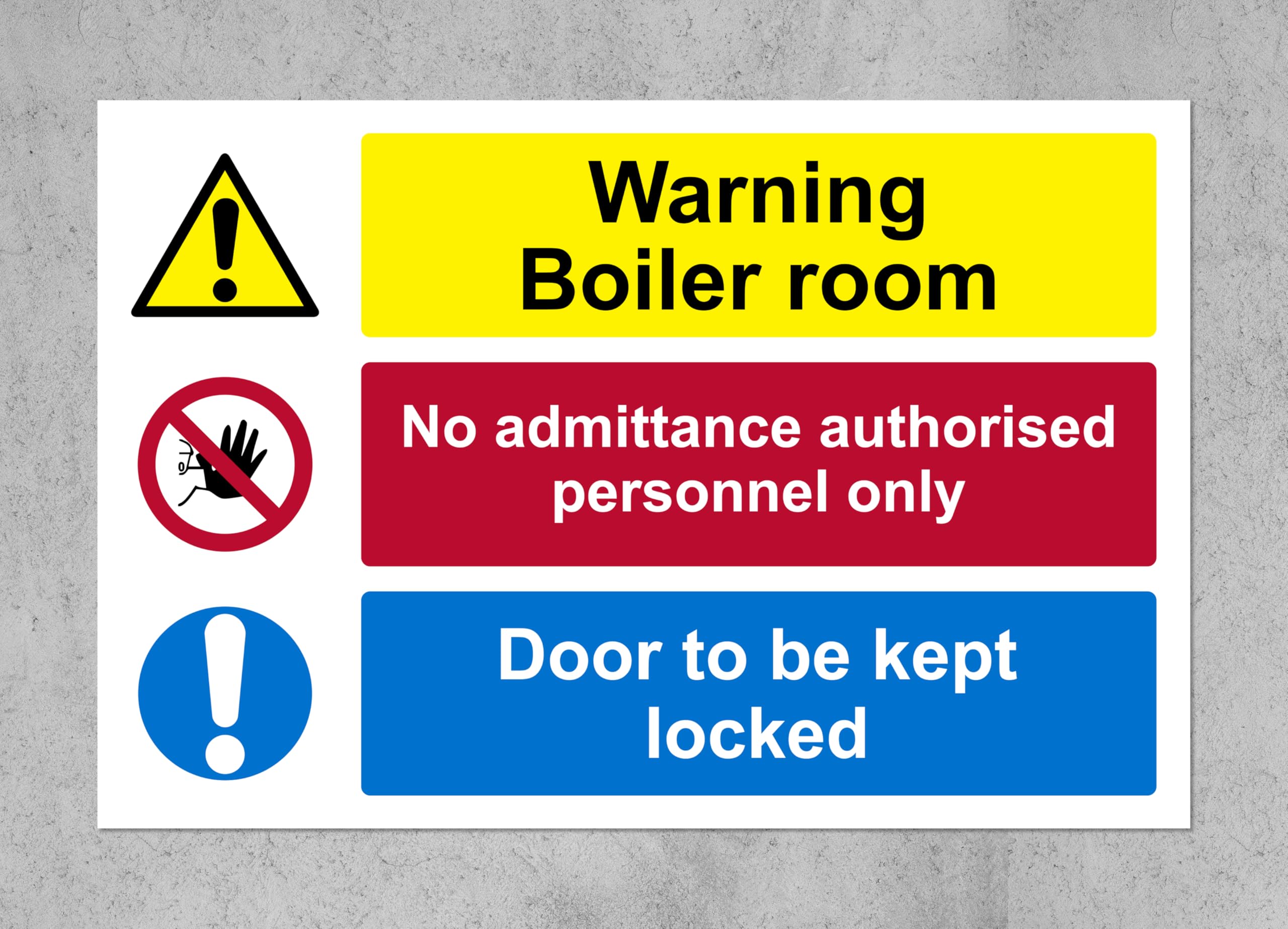 Warning boiler room door to kept locked (L) safety sign - Self adhesive sticker (200mm x 150mm)