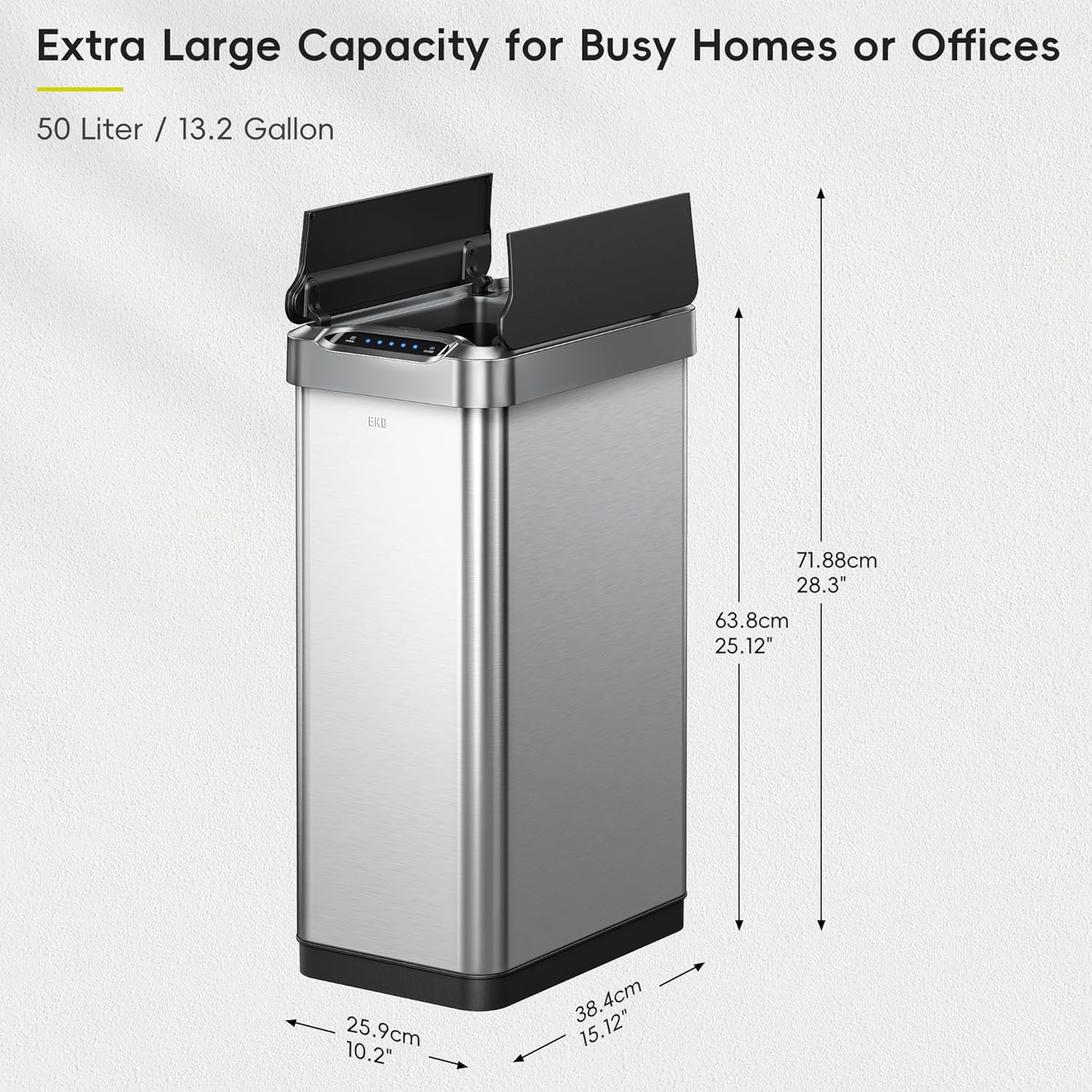 EKO Phantom-T 50 Liter / 13.2 Gallon Vertical Motion Sensor Trash Can, Brushed Stainless Steel Finish