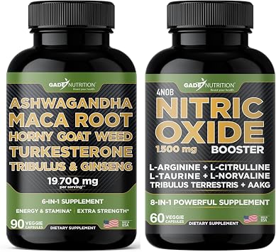 Gade Nutrition Ashwagandha with Maca Root, Horny Goat Weed, Turkesterone, Tribulus Terrestris, Panax Ginseng + Nitric Oxide Booster - Bundle for Energy, Vitality, Performance, Pump