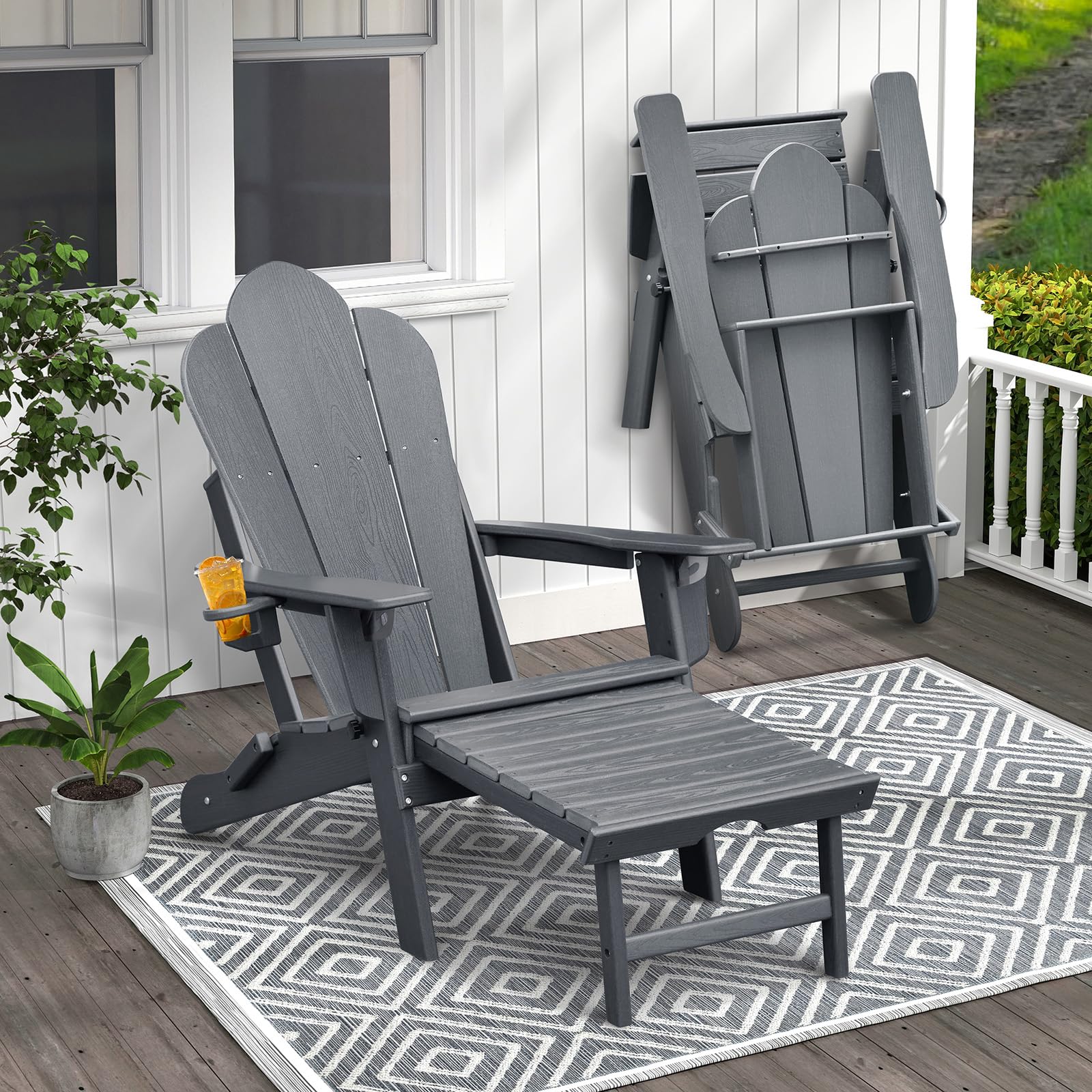 Silla Adirondack ajustable plegable con otomana extensible, silla de jardín con reposapiés extensible, HDPE tumbona para exteriores Adirondack Chair con soporte para tazas