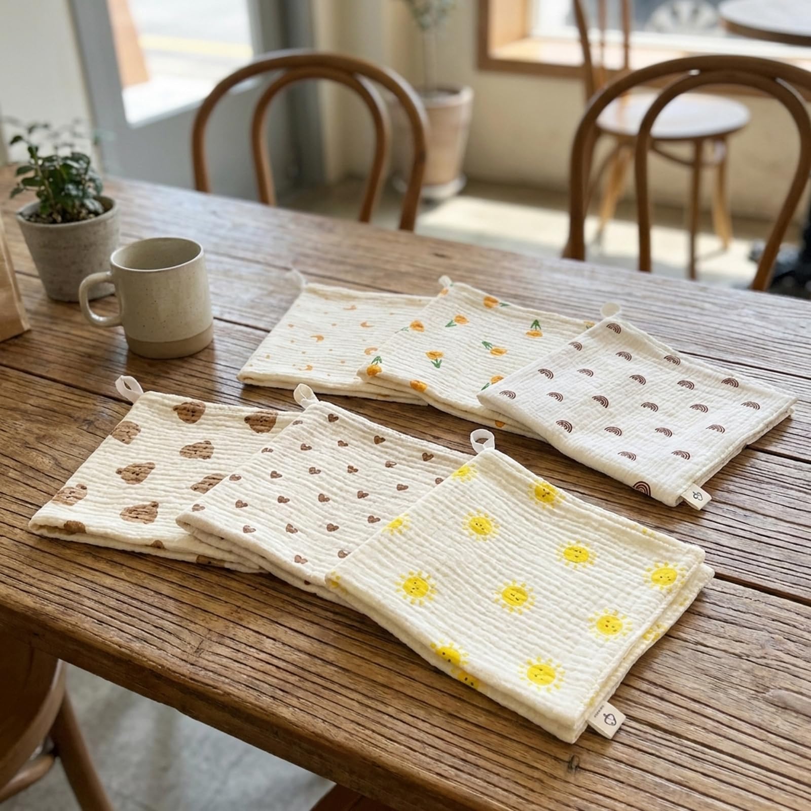 Burp Cloths for Newborn, 6-Pack Muslin Cloths for Baby, Soft Baby Muslins with Rainbow, Tulip, Star and Moon Designs, Ideal for Burping and Bathing, 25 x 25 cm — view 5