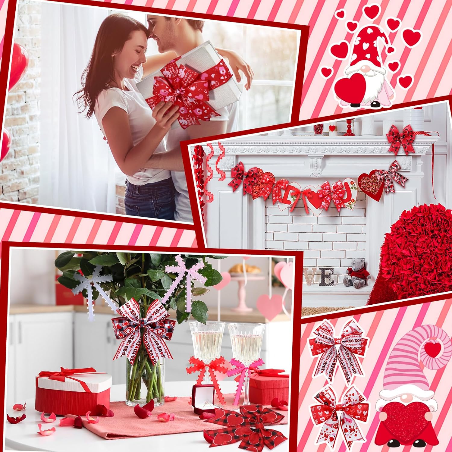 Craftsatin 10 Rolls 30 Yards Valentine's Day Wired Edge Ribbon Happy Valentines Wired Ribbon Valentines Heart Ribbons Heart Craft Red Ribbons for Wedding Anniversary Birthday Wreath Floral Bows