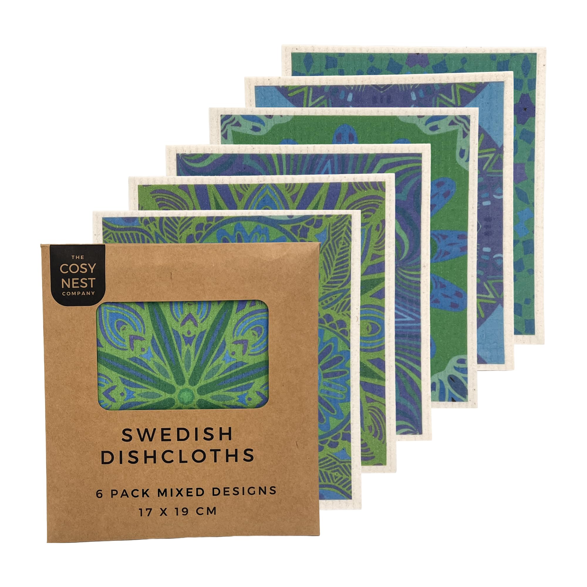The Cosy Nest Company Multicolour Swedish Dishcloths Pack Of 6, Reusable Dish Cloths For Washing Up, Absorbent Sponge Cloths For Kitchen Cleaning, Eco Friendly Compostable Plastic Free, Mandala Design