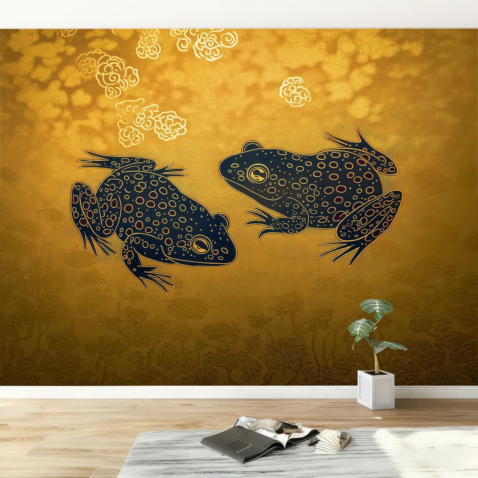 Japoński obraz, walczące żaby, mural, żółta, wysokiej jakości flizelina, fototapeta do pokoju dziecięcego i pokoju gier, tło - 250 x 175 cm