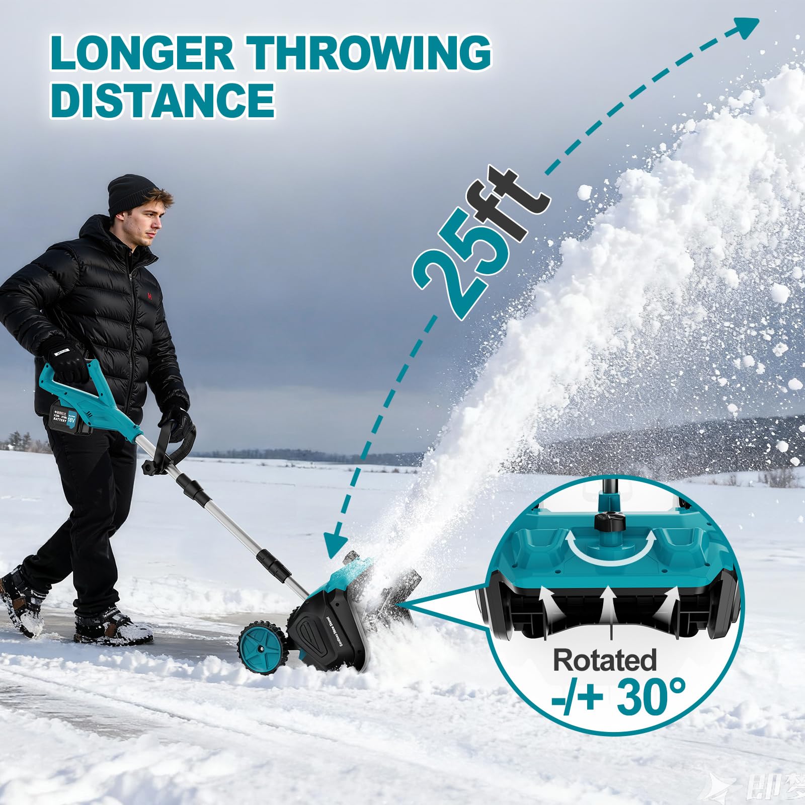 Fraise à Neige sans Fil avec 2x4,5Ah 18V Batteries, Pelle à Neige éLectrique,Brosse à Neige sans Fil 1000W, avec Largeur Déblaiement 40cm, Distance De Projection 8m, Portée et Direction Réglables