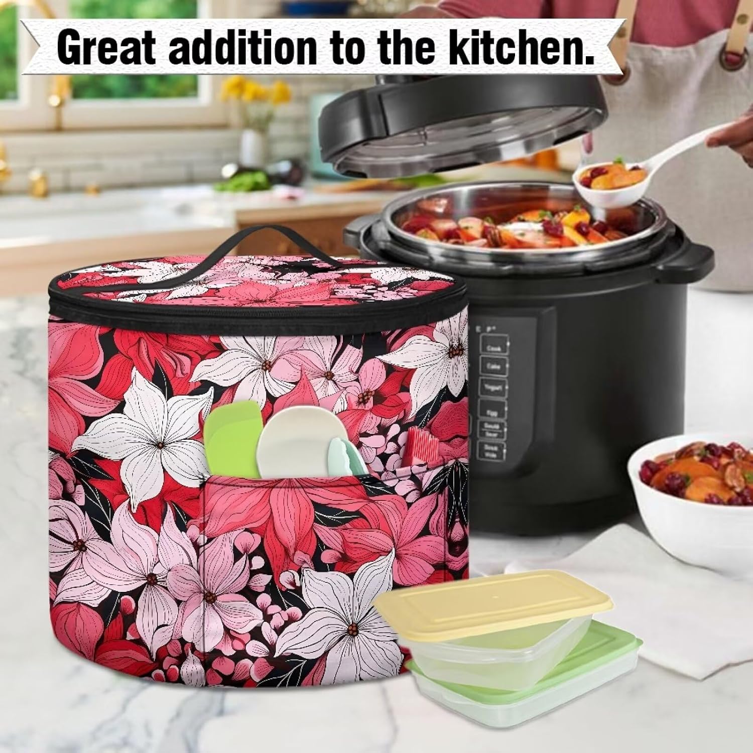 Fresh Flower Small Appliance Covers for Kitchen Pressure Cooker Cover Round Tote Air Fryer Carry Bag Zipper Closure Pressure Cooker Dust Cover (Enclosed on the Bottom)