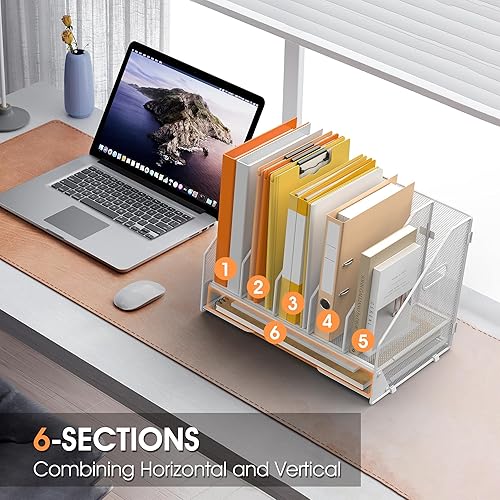 Miniatura 5 de Organizador de carpetas de archivos de escritorio, 5 compartimentos verticales y bandeja de papel para cartas, clasificador de archivos de malla