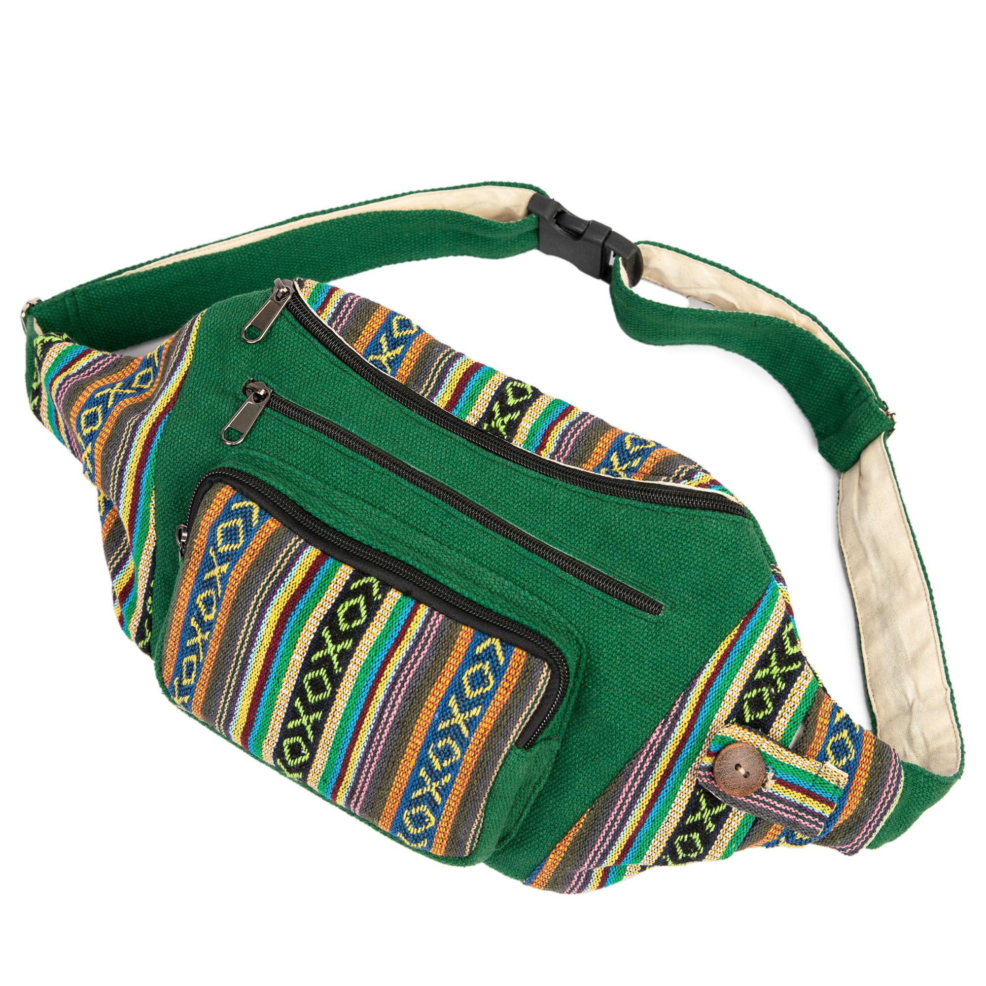Freakmandu Umweltfreundliche Bauchtasche im Boho-Hippie-Stil, Hanftasche, zum Wandern, Laufen, Joggen, Weiß, Grün mix, Adjustable Size, Hüfttaschen