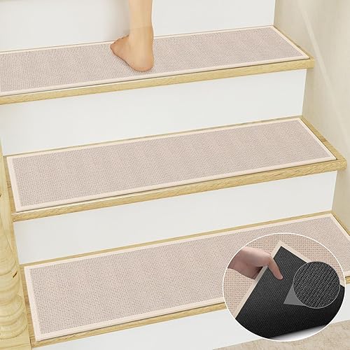 GOYLSER Peldaños de escalera antideslizantes para escalones de madera en interiores, 4 almohadillas de escalera beige con respaldo de goma