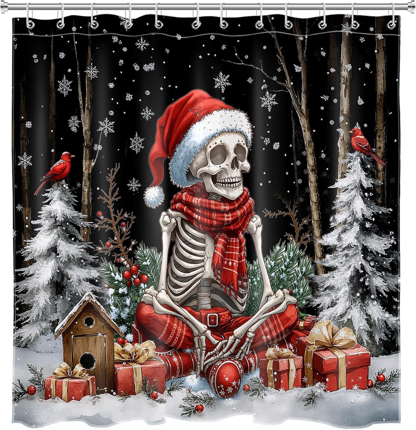 HVEST Funny Christmas Skull Skeleton Shower Curtain Set Winter Snowy Forest Red Bird Snowflake Bathroom Sets with Shower Curtain and Rugs Gothic Spooky Unique Bathroom Decor, 72Lx72W Inches