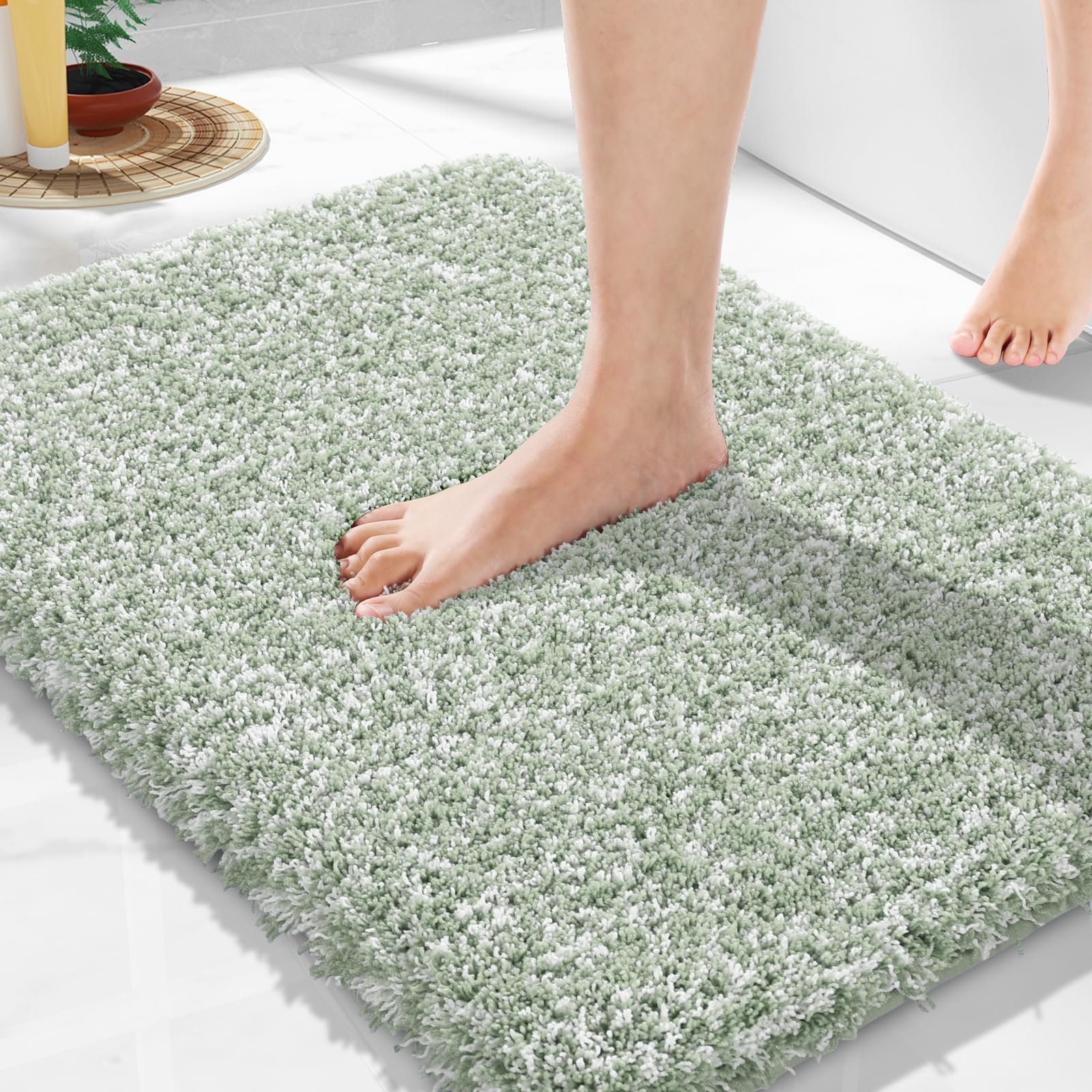 Yimobra Bathroom Rugs for Home Essentials, Non Slip Washable Bath Mat, Soft Water Absorbent Plush Shower Rug for Bathroom Floor, Bath Decor Accessories, 24x17, Light Green White