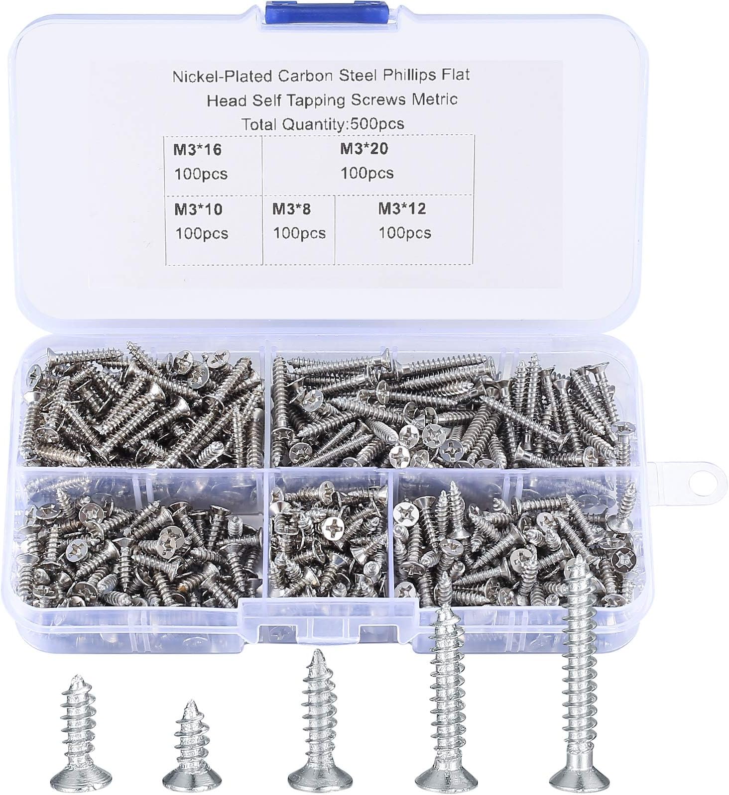 500 Pcs M3 Self Tapping Screws, Wood Decking and Concrete Fasteners, Cross Drive Flat Head With Plastic Box for Home DIY - 8/10/12/16/20 mm