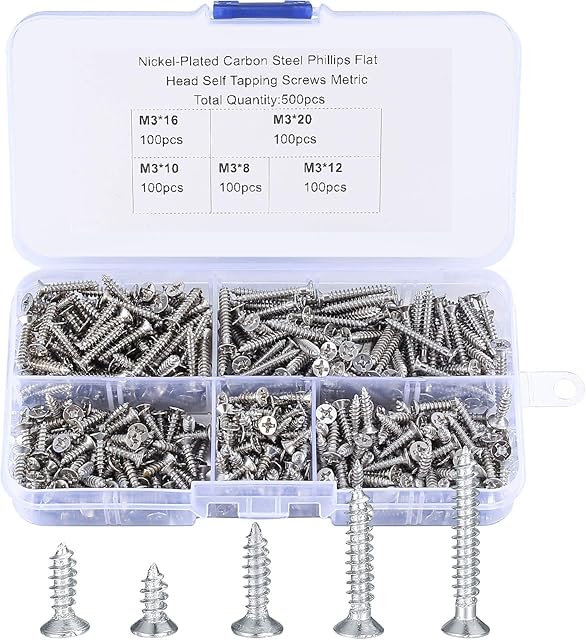 500 Pcs M3 Self Tapping Screws, Small Wood Decking Screws, Tiny Concrete Screws, Cross Drive Flat Head Fastening Screws with Plastic Box for Home DIY - 8/10/12/16/20 mm