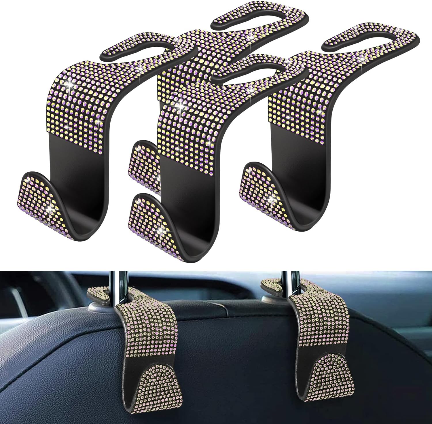 4 Pack Blink Diamond Car Seat Headrest Hooks Crystal Rhinestone Car Purse Holder Universal Car Interior Accessories for Handbags Water Bottles Purse Coats Umbrellas, Colorful