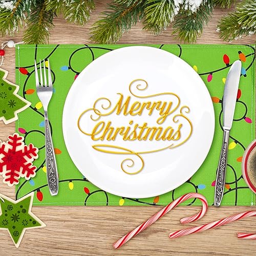 Miniatura 4 de Whaline 6 manteles individuales de Navidad de 12 x 18 pulgadas, divertidos personajes animados con patrón de luces coloridas de Navidad, manteles