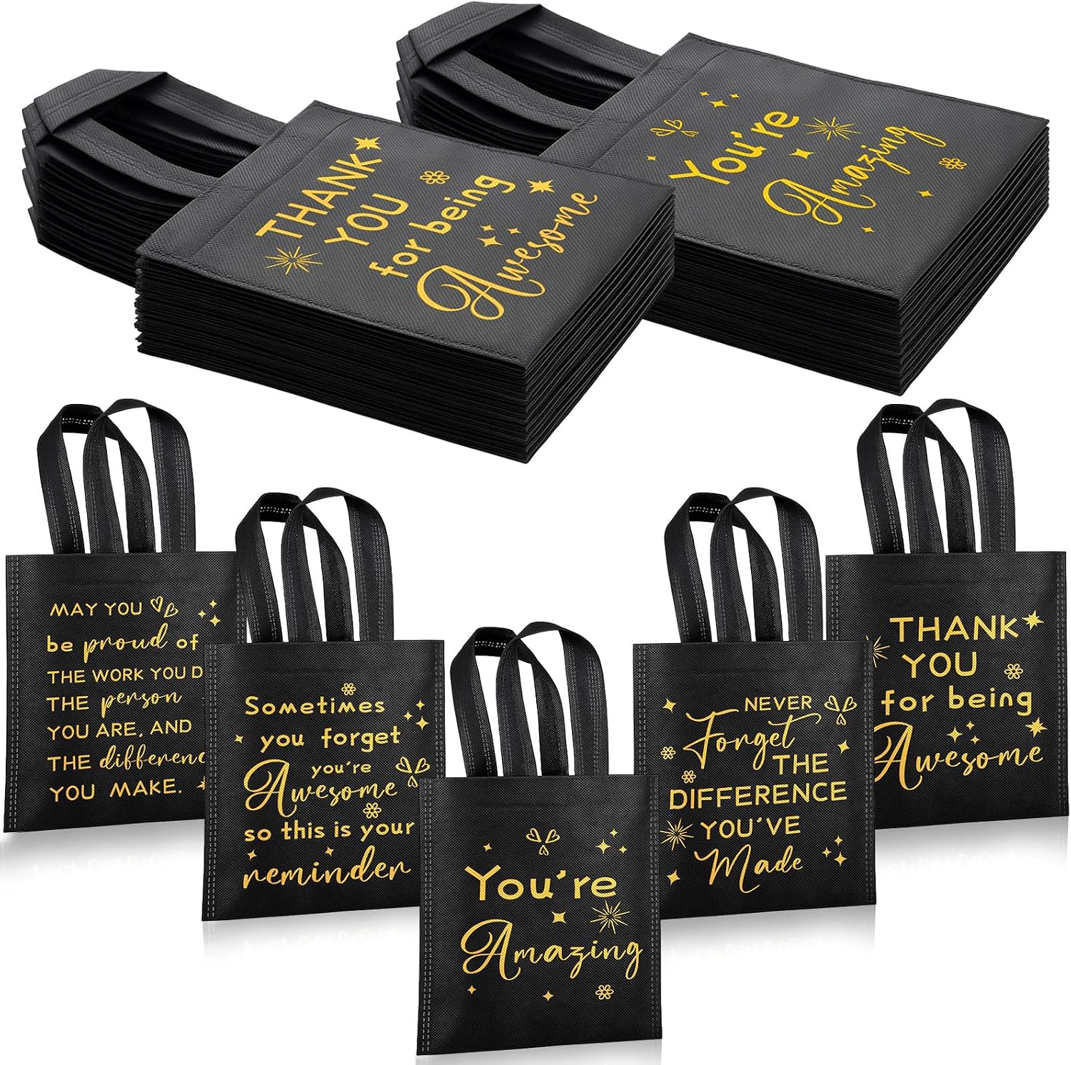 Gilprop 50 Pcs Teacher Appreciation Gifts Bags Bulk Employee Team Appreciation Gifts Small Thank You Non Woven Bags Black Gold Inspirational CNA Nurses Week Graduation Party Favor 8 x 8 Inch