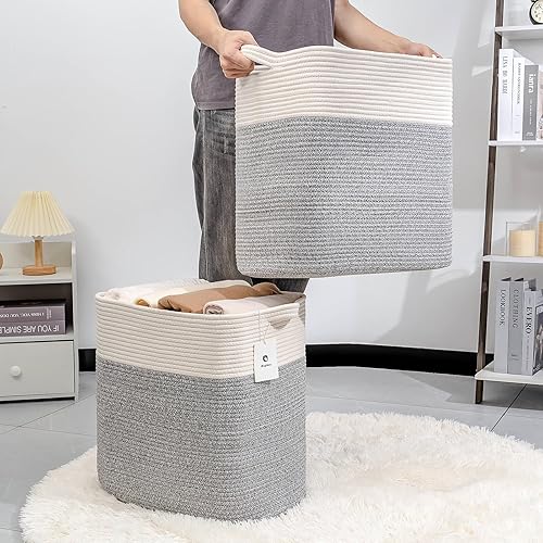 Miniatura 2 de Contenedores de almacenamiento altos rectangulares de algodón extra grande para almacenamiento de juguetes, cesta rectangular con asas, canasta
