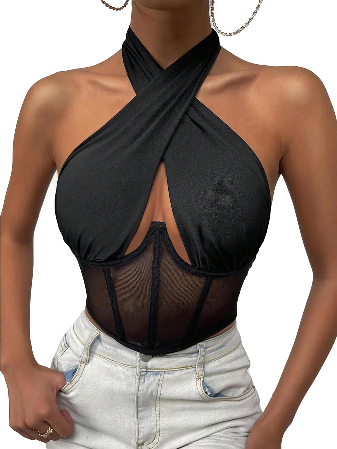 Aimedalis Womens Mesh Transparent Tops with Neck Tie Show Waist Strapless Tank Bustier Tight Corset Tops